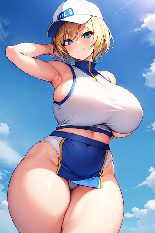 1girl, large breasts, wide hips, thick thighs, blonde hair, pixie cut, very short hair, blue eyes, smirk, smug, smile, sportswear, basebal cap, hat, wind lift, skirt, white clothes, blue trim, highleg panties, highleg, miniskirt, sports bra, bare legs, sleeveless,