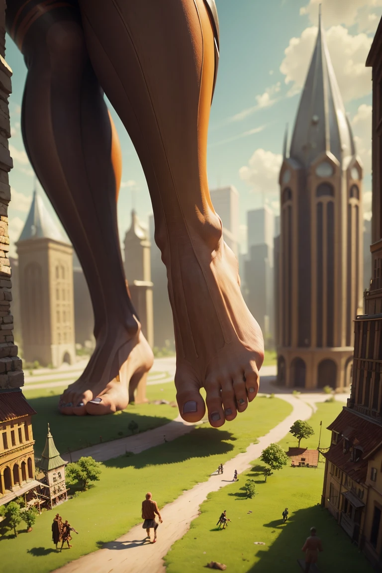 Ryuko matoi giant the size of a building, vistiendo ropa deportiva color azul , y unas zapatillas deportivas blancas nike af1 hightops, mientras ella apalsta a la gente diminuta con sus zapatillas deportivas