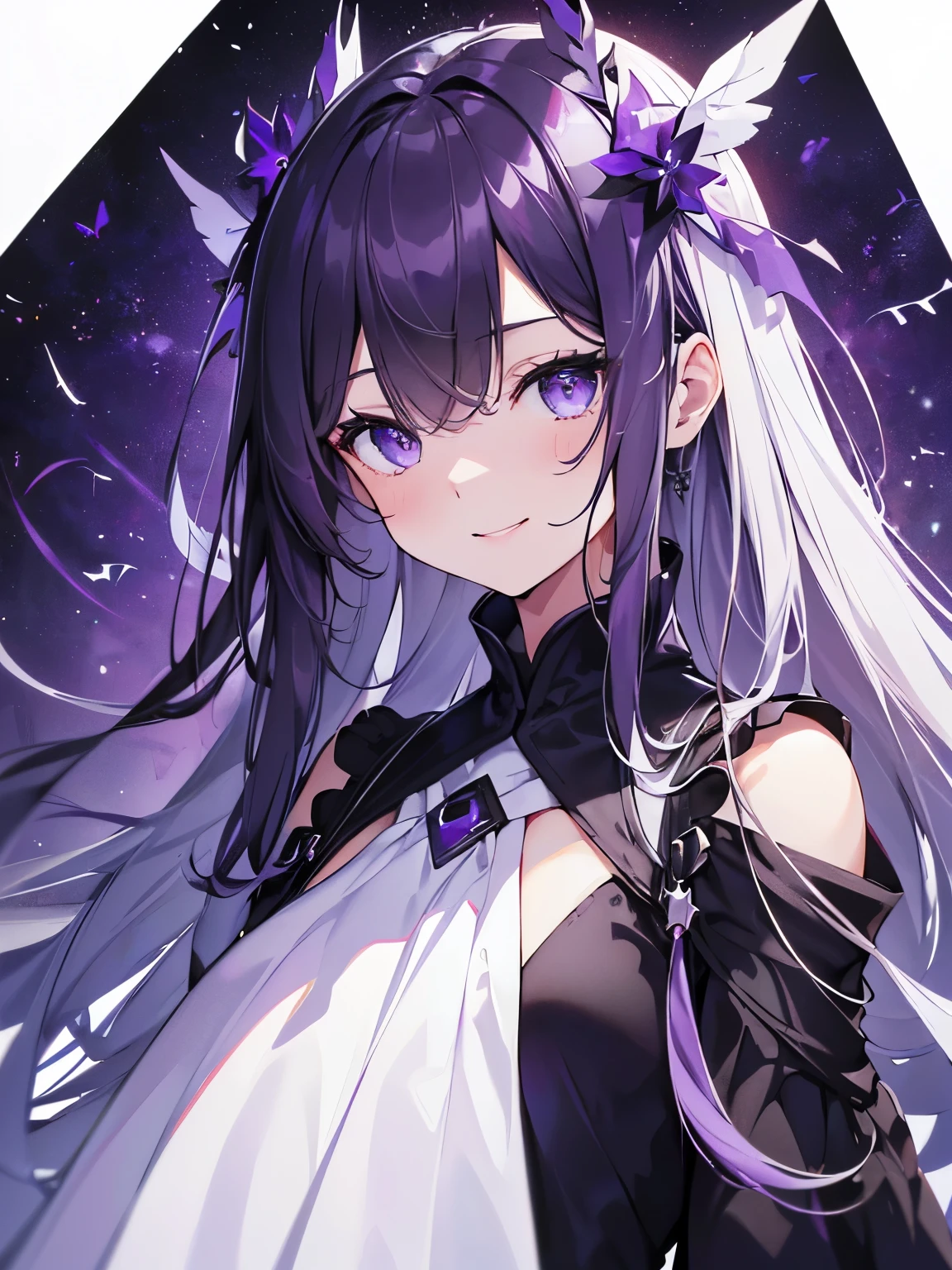 (debris flies, highest quality, ultra high resolution),1 girl,(black dress beautiful、detailed face, fine eyes,((white and purple theme)),standing in front of a pure white wall、facing forward,smile、smile,cheeks are red,whole body,Beautiful eyes that everyone envy