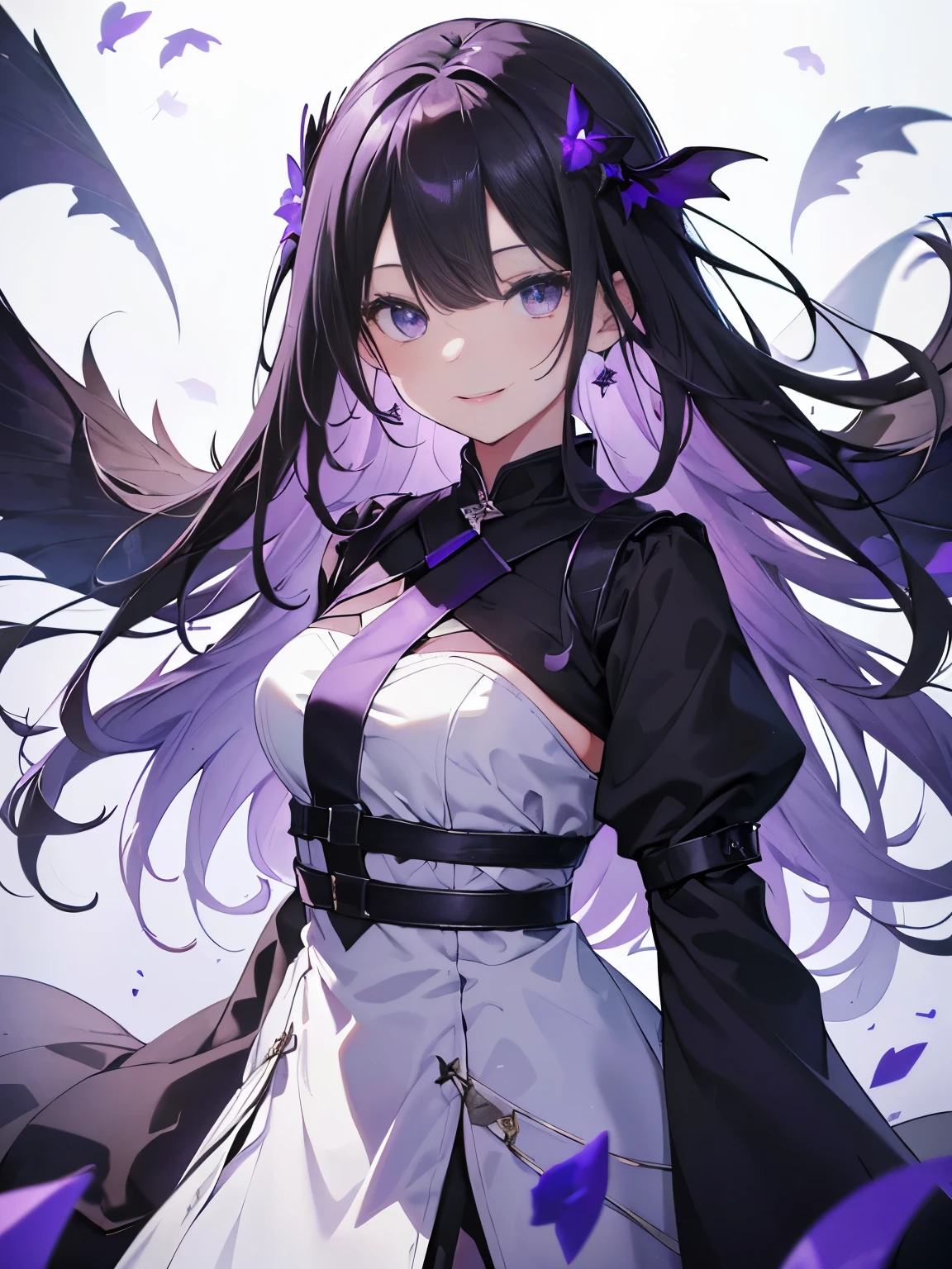 (debris flies, highest quality, ultra high resolution),1 girl,(black dress beautiful、detailed face, fine eyes,((white and purple theme)),standing in front of a pure white wall、facing forward,smile、smile,cheeks are red,whole body,Beautiful eyes that everyone envy