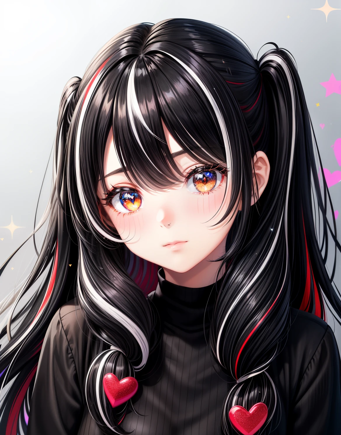 ((girl)) ((hair color black white streaks)) various sizes bright red hearts around, cute heart, glitter powder, picture perfect, space background