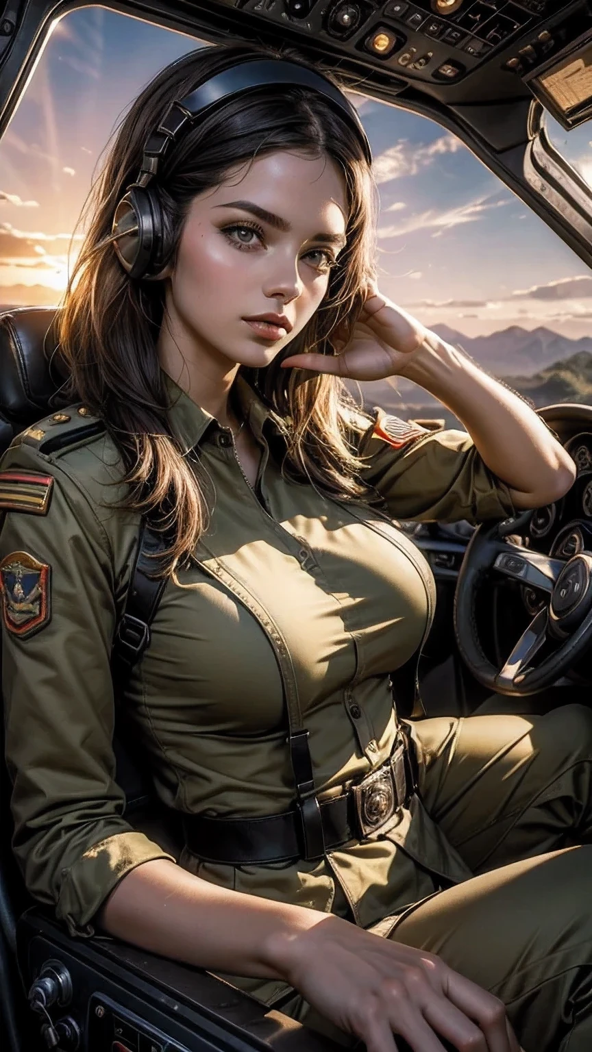 1girl, breasts, stewardess, in the cockpit, cabin crew, brown_eyes, brown_hair, brown_stockings, cleavage, gloves, high_heels, lips, lipstick, long_hair, looking_at_the_viewer, makeup, miniskirt, pantyhose, pencil skirt, translucent_legs, skirt, smile, solo, guidebook, uniform ,(masterpiece),(photorealistic:1.3), nfsw, ultra-detailed, (high detailed skin:1.2),(best quality:1.0), (ultra highres:1.0)