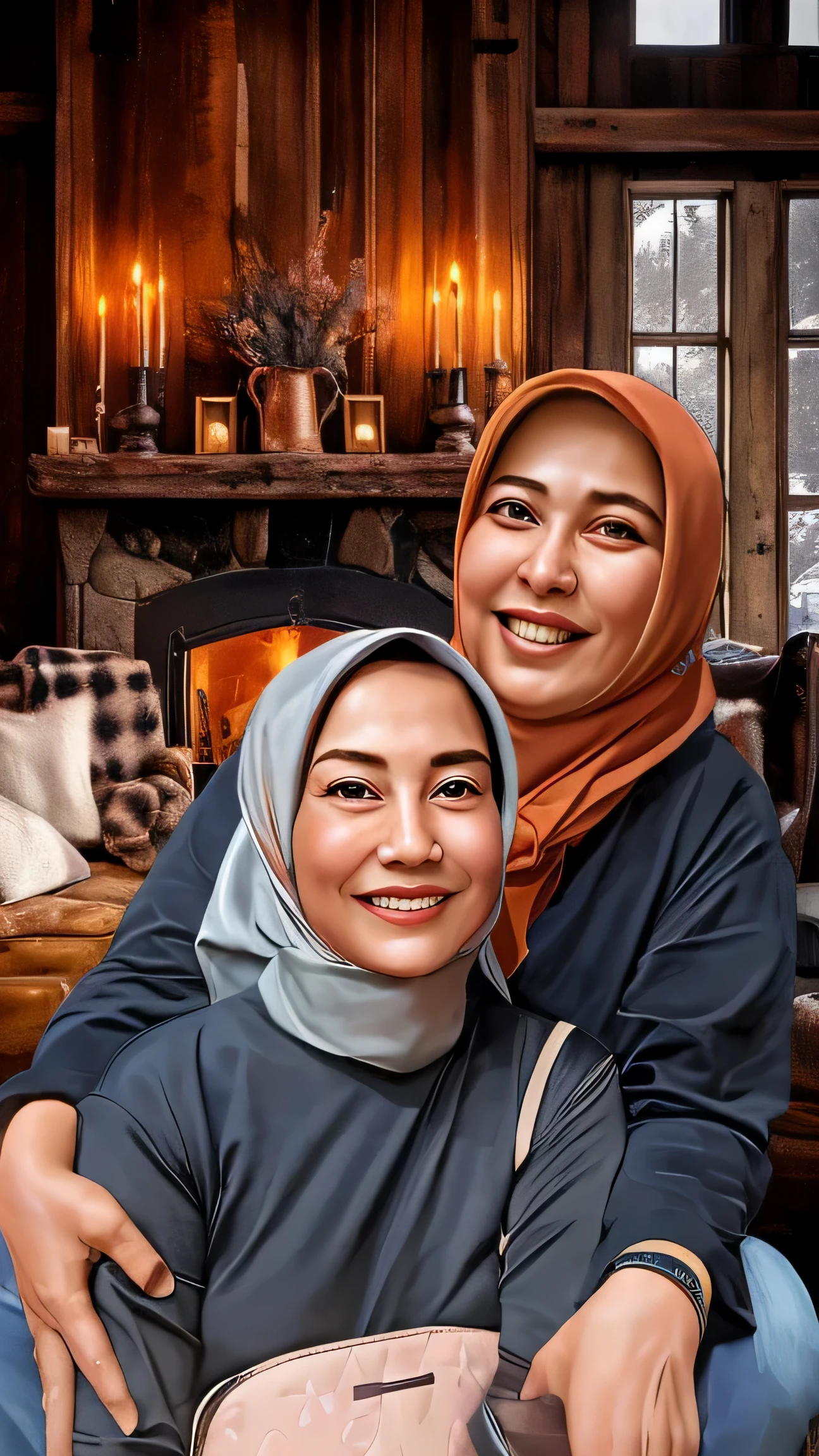 there are two women sitting together in a living room, classic portrait, color portrait, high quality portrait, potrait, realism artstyle, traditional portrait, detailed portrait, portrait picture, detailed color portrait, realistic portrait photo, full portrait, cartoon digital painting, close up portrait, Look like real picture
