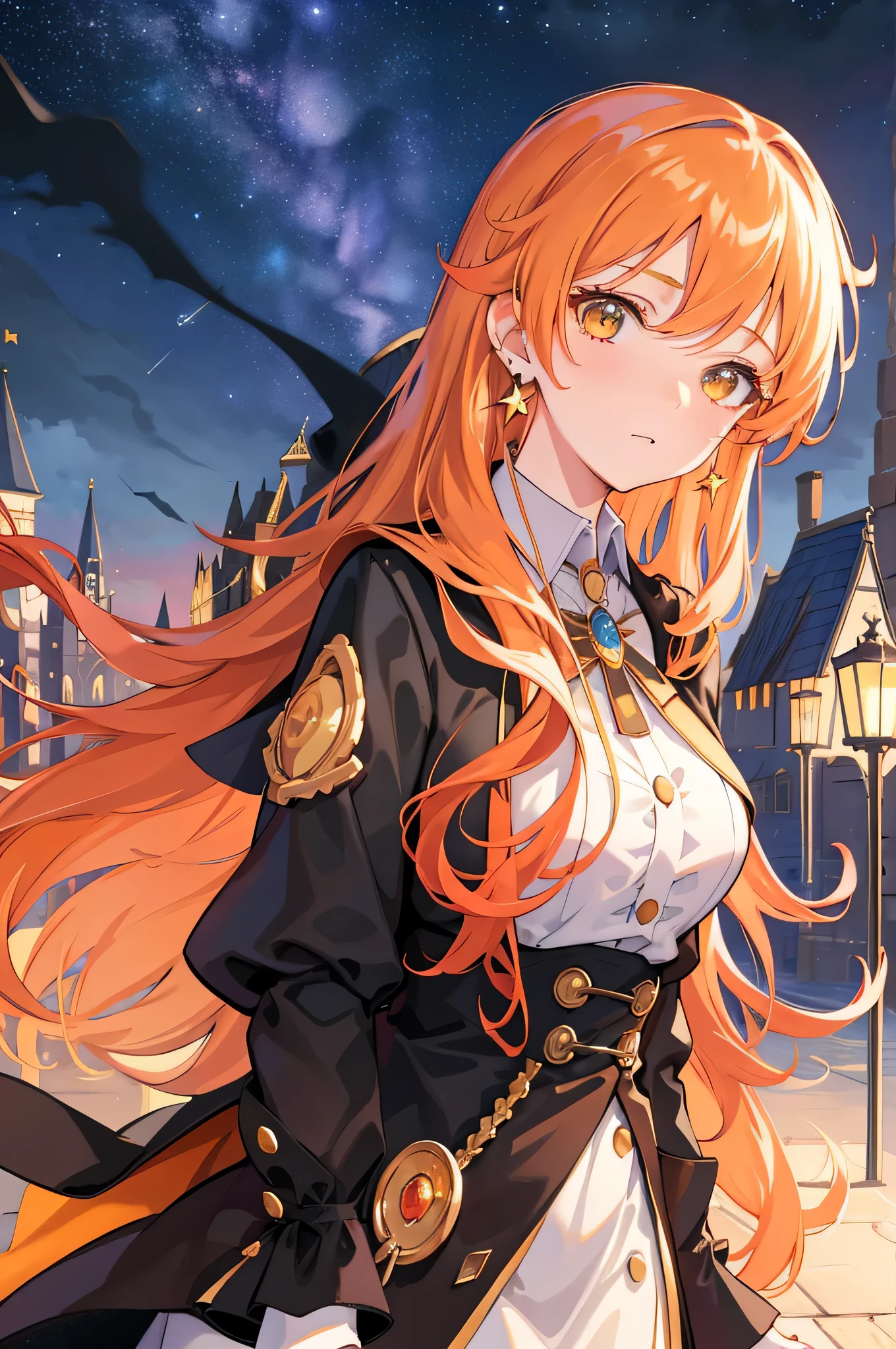 masterpiece, highest quality, 1 girl, close, face focus, Black long dress, gold button, cape, blouse, earrings, very long orange hair, hazel eyes,( castle in background:1.2), [Home], Ocean, starry sky, button, calm expression, shooting star, soft lighting,