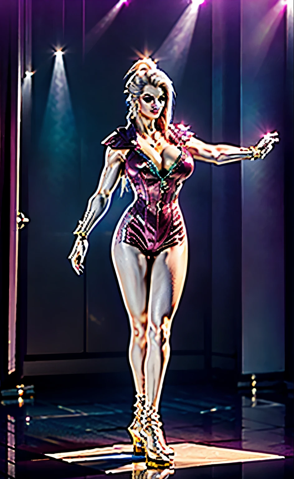 young woman, Beautiful face, boxing glove, latex suit, huge tits, RGB, white, gold, violet, FUR ARMOR FULL COSTUME, (split), transparent, HIGH LEGS, standing, sexy body, ABS MUSCLES.