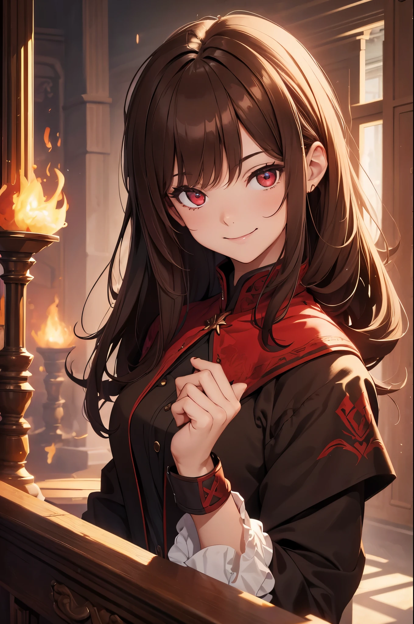 (best quality:1.2,8k,highres,masterpiece:1.2),1girl,solo,brown hair,mage,magic, red eyes, smiling,