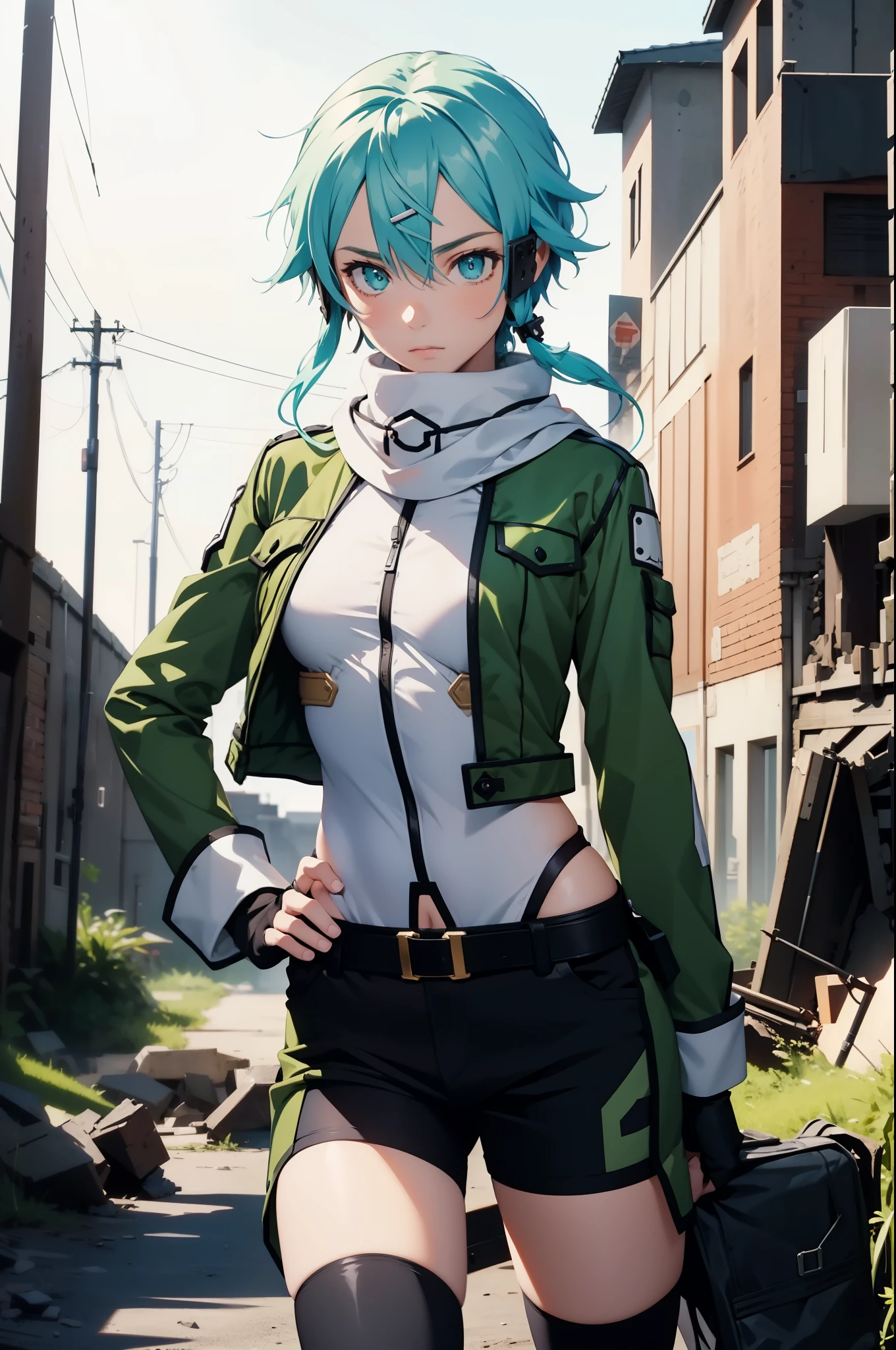 (masterpiece), best quality, expressive eyes, perfect face, highres, sinon1, scarf, fingerless gloves, long sleeves, short shorts, hair ornament, hairclip, green thighhighs, green jacket, thigh strap, hands on hip, field, ruins background, ruined structures, standing,upper body portrait, looking at the viewer