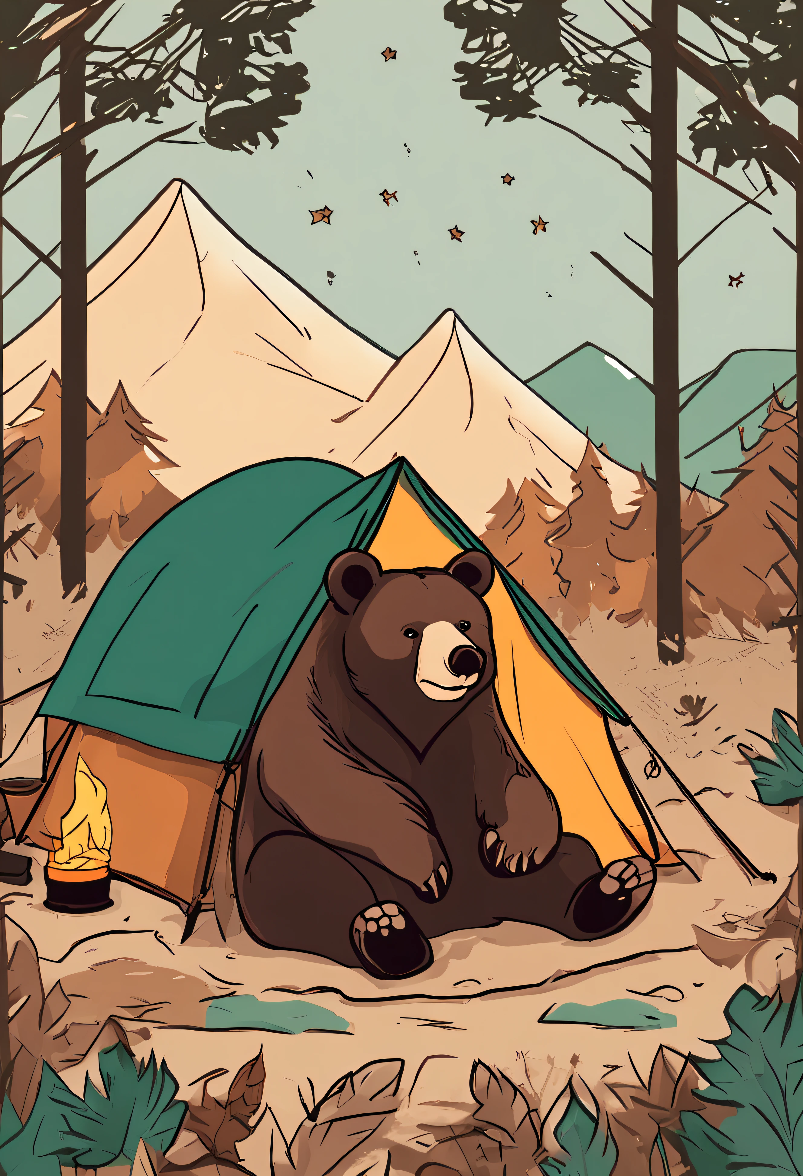 Bear chilling while camping、The main color is natural green、Secondary color is calm brown、Outdoor landscape background、In the style of handwriting、The design emphasizes the bear's coat and the texture of the tent fabric.。The bear is relaxing by the campfire.、Stars are shining in the night sky。