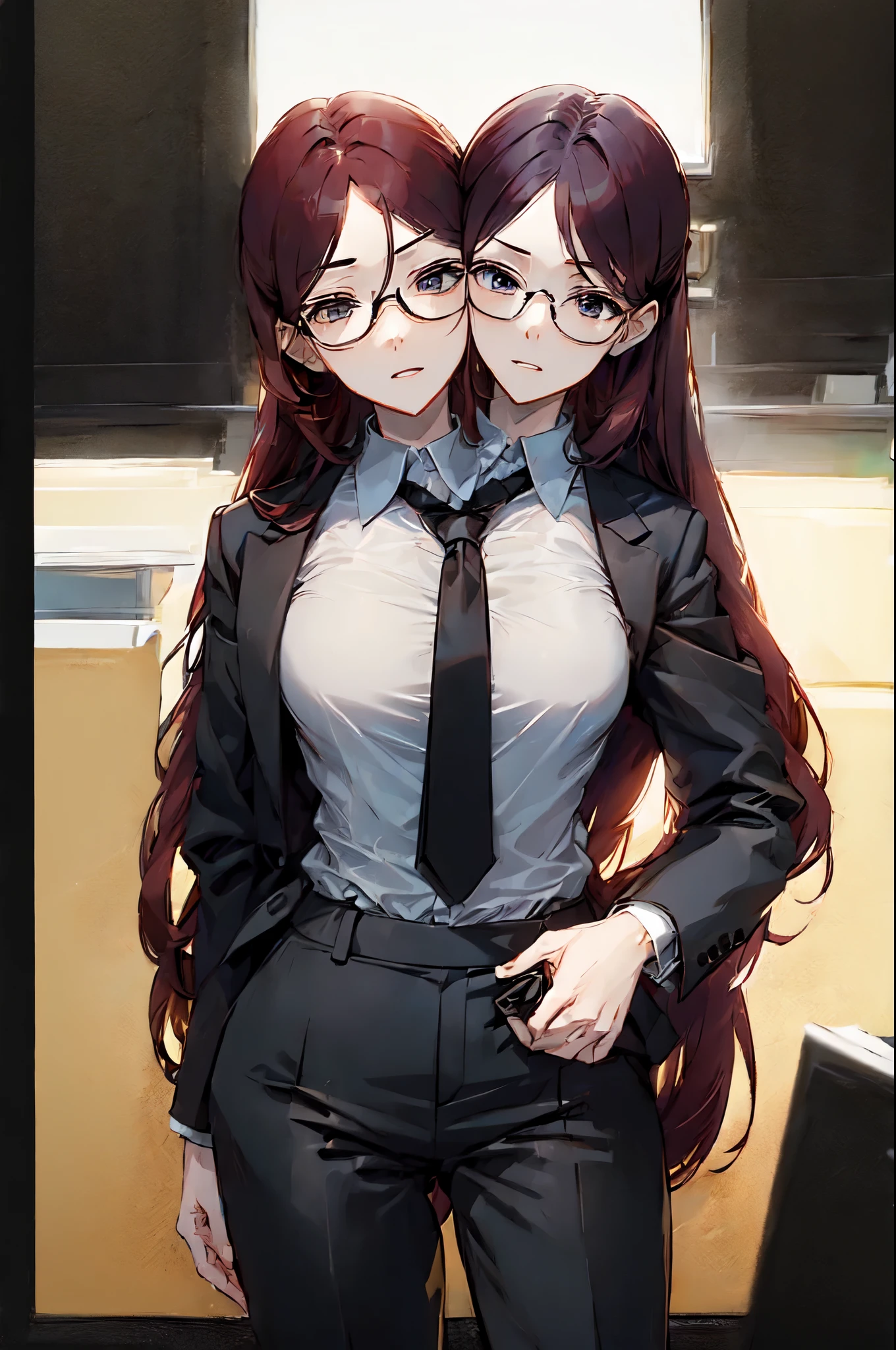 (2heads:1.6), two girls, glasses, very long white hair, short red hair, petite body, short, black necktie, jacket, trouser, collared shirt, Black pantsuit, white shirt, holding a coffee, masterpiece, high quality, absurdres, office, beautiful background, holding cup of coffee, looking at each other, (yuri:1.2), (kissing:1.2), full body