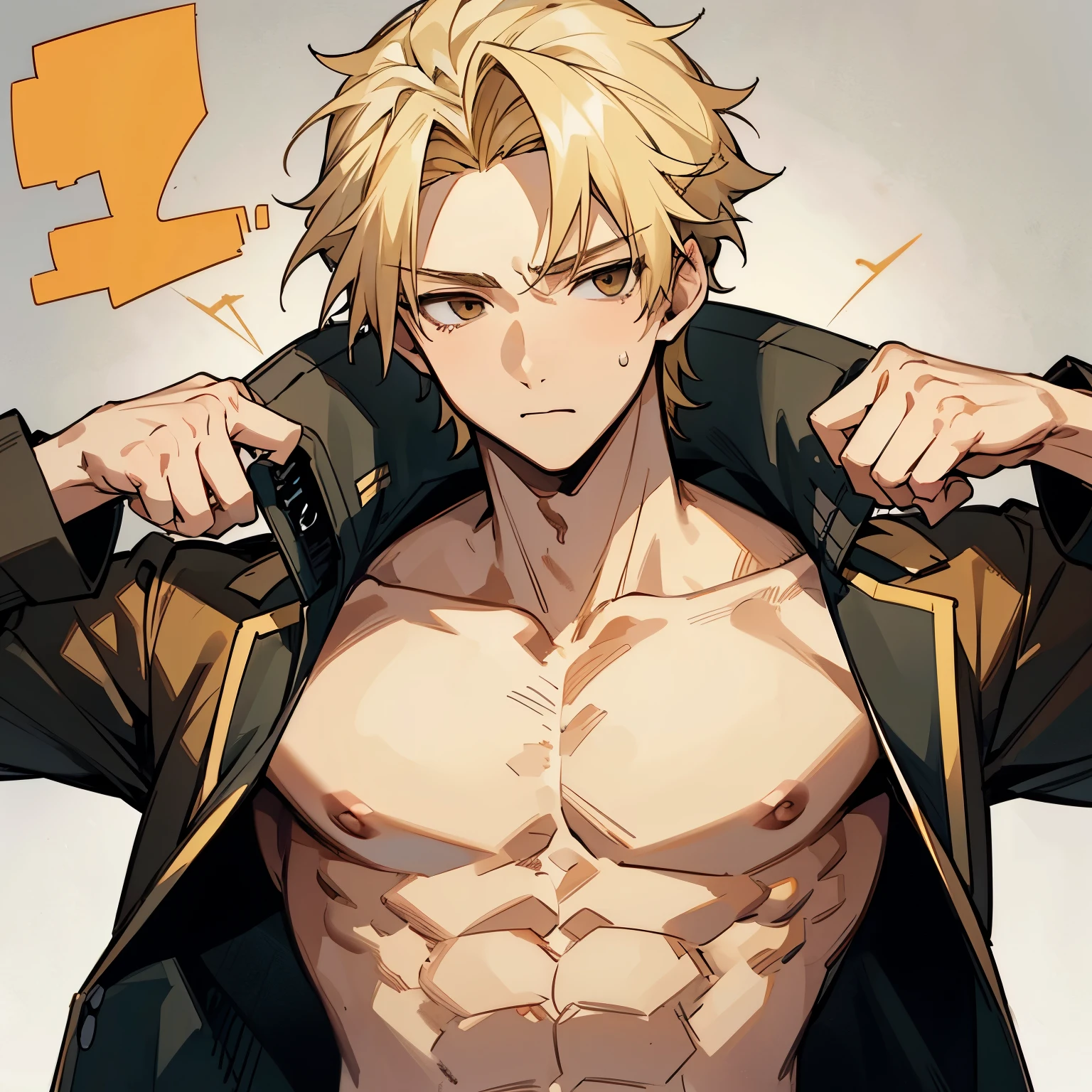 1 boy,  boy, blonde hair, brown eyes, open jacket, muscles, shirtless, handsome, calm face