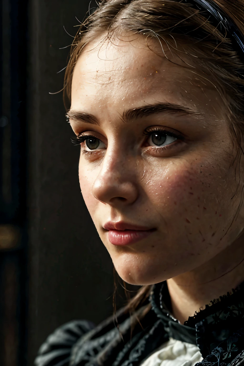 Jane Eyre with headphones, natural skin texture, 24mm, 4k textures, soft cinematic light, adobe lightroom, photolab, hdr, intricate, elegant, highly detailed, sharp focus, ((((cinematic look)))), soothing tones, insane details, intricate details, hyperdetailed, low contrast, soft cinematic light, dim colors, exposure blend, hdr, faded