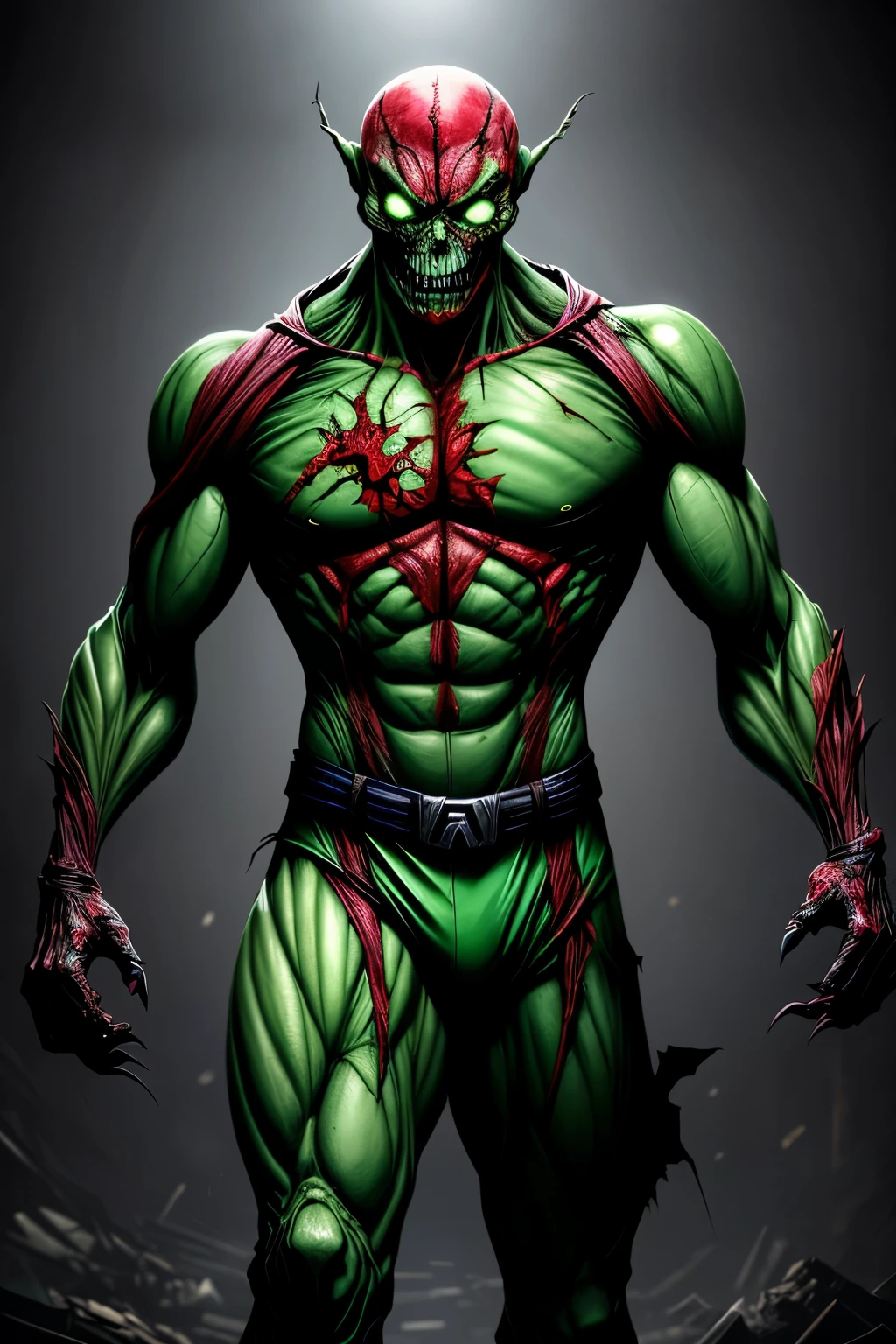 Stunning illustration, a decayed Green-Goblin from Marvel emerges from the darkness with a skeletal, decomposed figure, wrapped in his iconic tattered and worn green suit. The once vibrant, green skin now shows visible bones protruding in some areas, while muscles, mostly consumed, barely hold their structure. His eyes, once lively, are now empty and opaque, surrounded by dark circles that accentuate their macabre nature. The suit, stained with dry blood and grime, hangs from his body in tatters, revealing bone and dead flesh in various places. Though his appearance is terrifying, Arachnid agility is still discernible in his hun