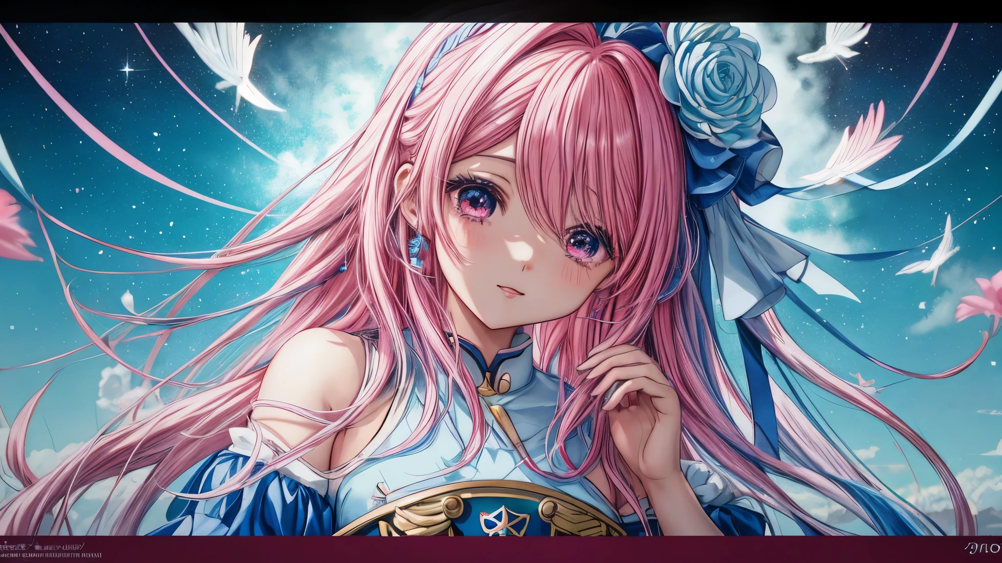 Chica anime con cabello rosado y ojos azules con un vestido azul., retrato, caballeros del zodiaco, little girl, detailed arte animado digital, estilo anime 4k, Cabello rosado y ojos cian., fondo de pantalla de arte anime 8 k, anime girl with cosmic hair, arte zerochan, hermoso retrato animado, Fondo de pantalla de arte anime 4k, Fondo de pantalla de arte anime 4K, arte animado digital