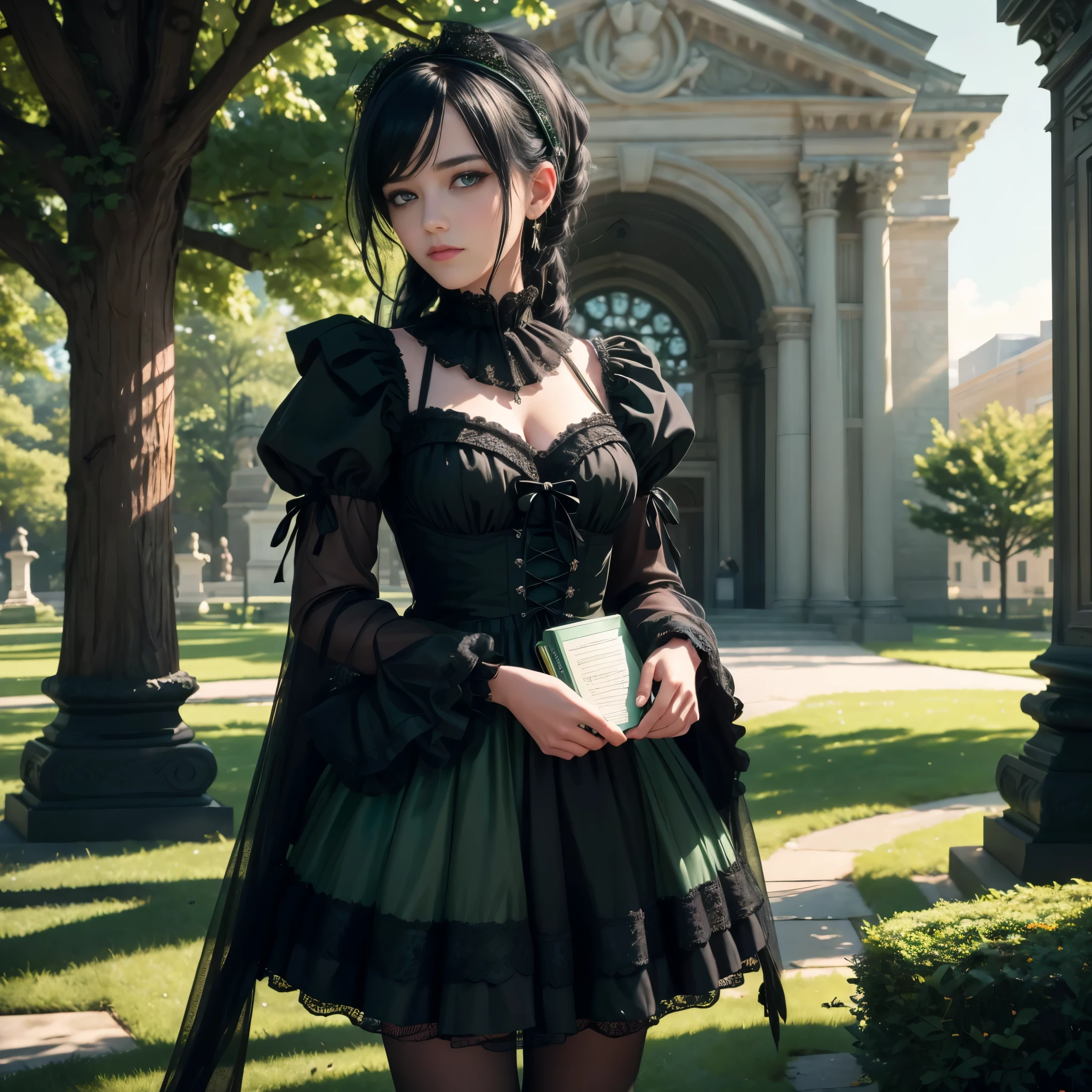 (best quality,4k,8k,highres,masterpiece:1.2),ultra-detailed, college girl, 3v4gr33n, gothic ****ta, raven black hair, cold dark eyes, black dress with emerald lace green bows and jade frills, hanging out outside on college campus, coquettish pose, campus quad, holding books, HDR, 8k, absurdres, cinestill 800, sharp focus