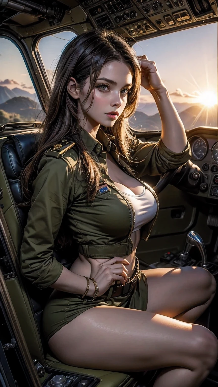 very skinny white girl in army aeroplane cockpit in the jungle, cabelos pretos encaracolados e curtos, ussr uniform, muito linda, muito atraente, muito magra,  very large breasts, vintage, sunglasses, militaire, sunset, pilot