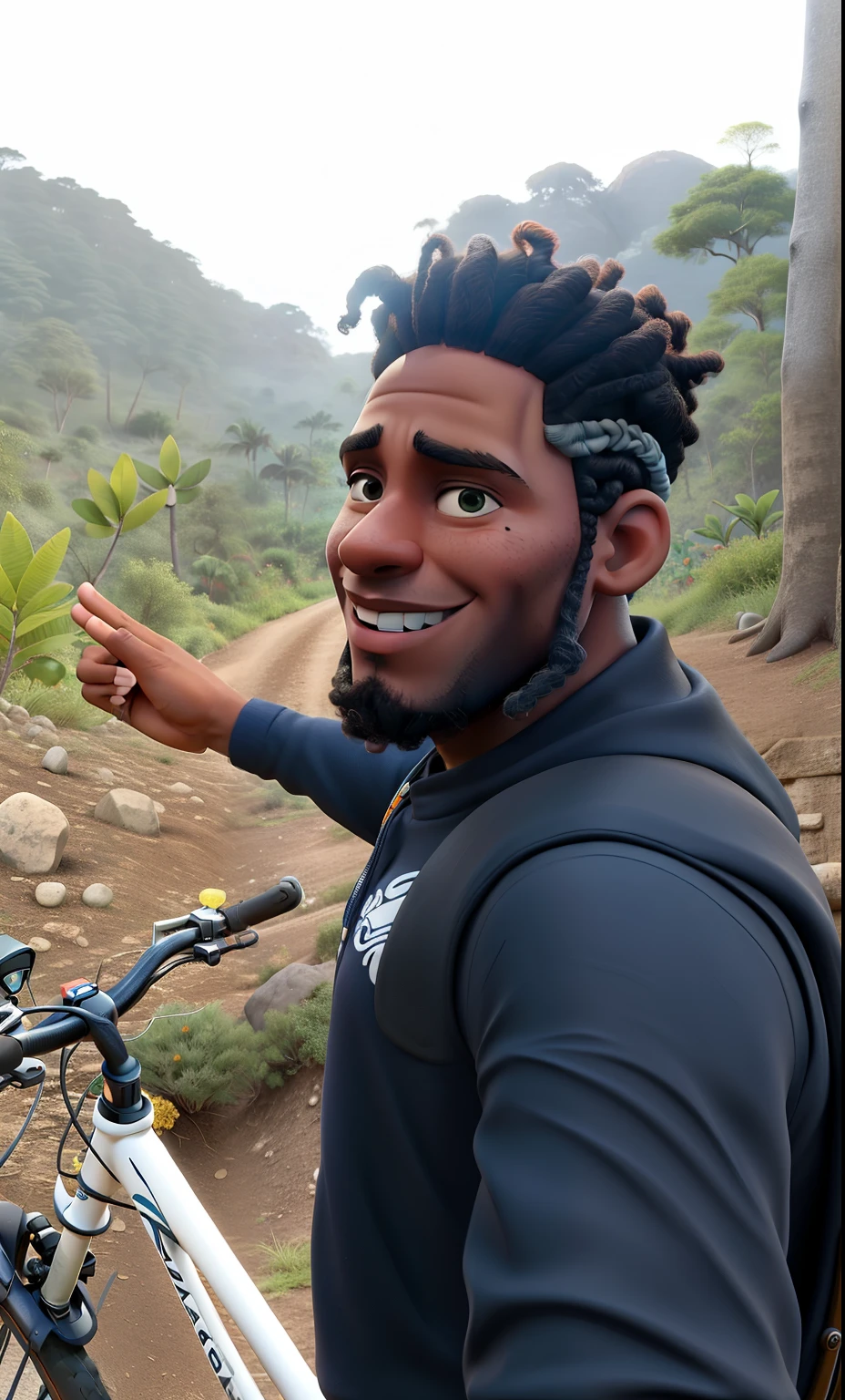 smiling man with dreadlocks on his head and a bicycle, alma piedosa, imagem de perfil, taken at the beginning of 2020, wakanda, foto de um motociclista masculino, homem de pele morena com um sorriso gigante, east african man with curly hair, Obunga, Immanuel is still, imagem de avatar, na frente de um fundo de floresta