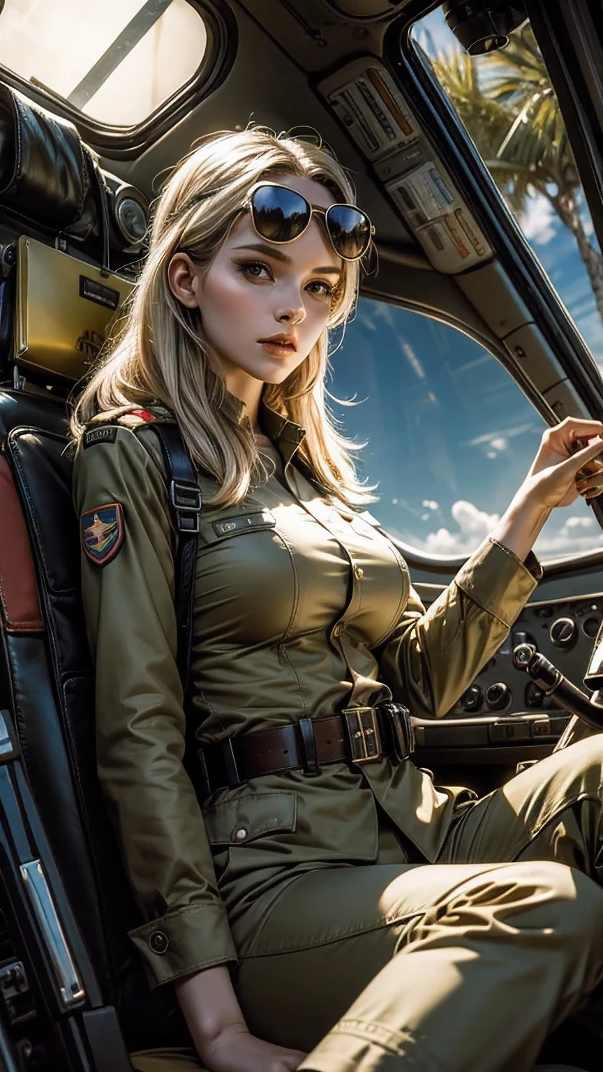 [post-apocalypse], High detail RAW color Photo, closeup shot, of (American woman, wearing American military shirt and pants, military beret), (sitting on couch in (Atompunk) American living room), (Freedom tattoos), (elegant, beautiful face), (retrofuturism), mechanical, gears, (detailed skin), (oil:0.6), (tesla coil:0.4), (Nixie tube:0.8), (highly detailed, hyperdetailed, intricate), (bloom:0.4), soft lighting, (side lighting:0.8), shadow casting, deep focus, photographed on a Leica 10772 M-P, 85mm macro lens, F/8 aperture, film still, (Cursed soldiers, rebellion)