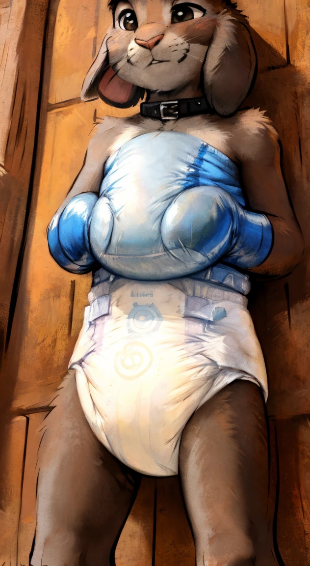 (((by Zackary911, by Kenket, by Kilinah))), (rabbit), bipedal, proportions, hands covered by inflatable thick padded leather mitts, inflatable thick padded leather short socks, inflatable collar, shirtless, wearing pampers disposable soggy diaper with blue snowflake shaped symbol, tie a wooden wall, surrounded by mist, surrounded by snowflakes, blizzard, at forest