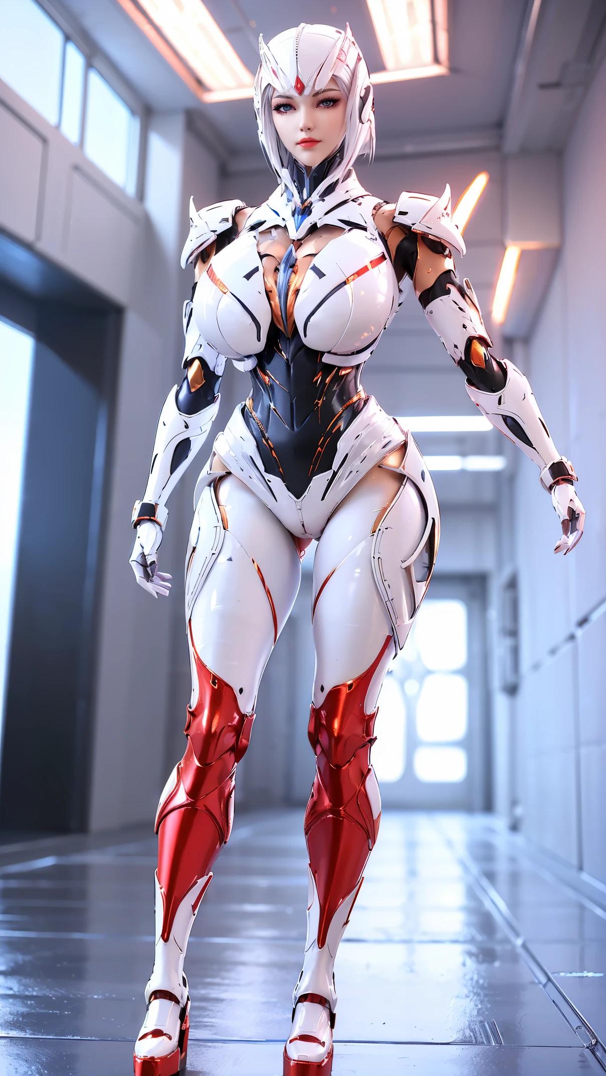 A beauty girl with white hair, (REALISTIC:1.2), (PHOENIX GOLD HELM:1.1), (SLIM BODY SHAPE,HUGE FAKE BREAST:1.5), (CLEAVAGE:1.5), (MUSCLE ABS:1.3), (MECHA GUARD ARMS:1.1), (RED SHINY FUTURISTIC MECHA BREASTPLATE, BLACK MECHA SKINTIGHT SUIT PANTS, MECHA GUARD ARMOR LEGS, HIGH HEELS:1.5), (WET SWEATY SKIN,SEXY LONG LEGS:1.1), (LOOKING AT VIEWER:1.3), (female focus:0.9), (WALKING HALLWAY OF FUTURISTIC SPACE STATION:1), (BRIGHT LIGHT WHITE_ROOM:1.3), HYPER TEXTURE, 4X MSAA, UNREAL ENGINE RENDER, PHYSICALLY-BASED RENDERING, ULTRA HIGHT DEFINITION, 16K, 1080P.