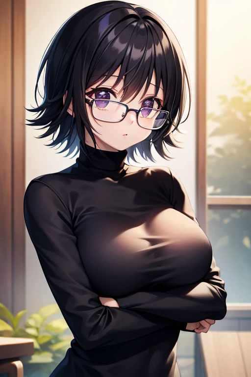 Shizuku Murasaki, 1girl, black hair, short hair, glasses, large breast, ((tight black long sleeve turtleneck shirt, underboob, torn clothes:1.2)), (upper body, looking at view), (masterpiece, high resolution, best quality, anime colored, 8k, photorealistic), denim, inverted cross chain necklace, (perfect detailed anatomy, beautiful detailed eyes&hair, beautiful detailed body&breast)