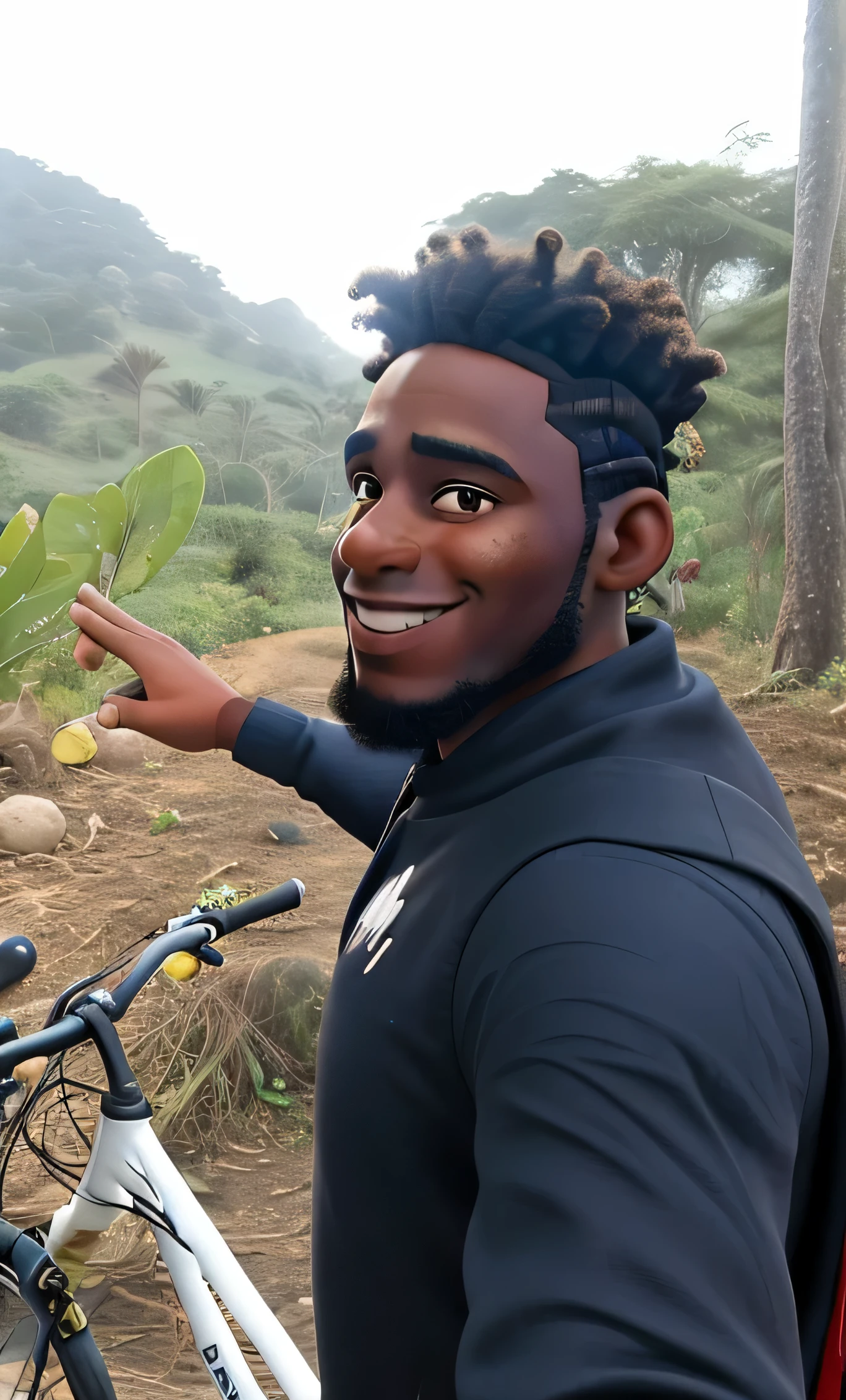 smiling man with dreadlocks on his head and a bicycle, Alma piedosa, imagem de perfil, taken at the beginning of 2020, wakanda, foto de um motociclista masculino, homem de pele morena com um sorriso gigante, east african man with curly hair, Obunga, Emmanuel is still, imagem de avatar, na frente de um fundo de floresta