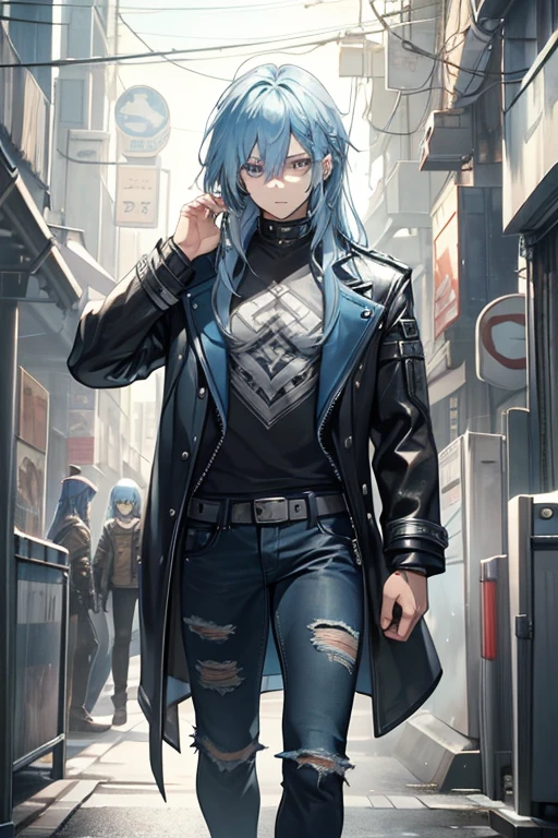 a muscular blue haired man with silver eyes with long hair is just wearing a leather coat and jeans