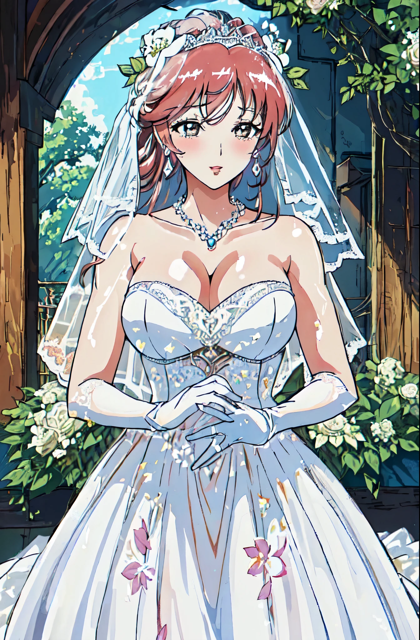 Close-up of beautiful bride wearing beautiful wedding dress,Gurwitz,(bridal veil:1.5),(Transparent short veil:1.5),Blushing face,Head flower,headgear,(tube top wedding dress:1.5),(Silk dress:1.2),(Strapless wedding dress:1.5),pure white dress,necklace,earrings,(large breasts:1.3),Deep V peach heart collar wedding dress,Bangs,lipstick,(lace gloves:1.3),whole body照,High detail RAW color art,Long white dress,whole body,Place your hands behind your back,