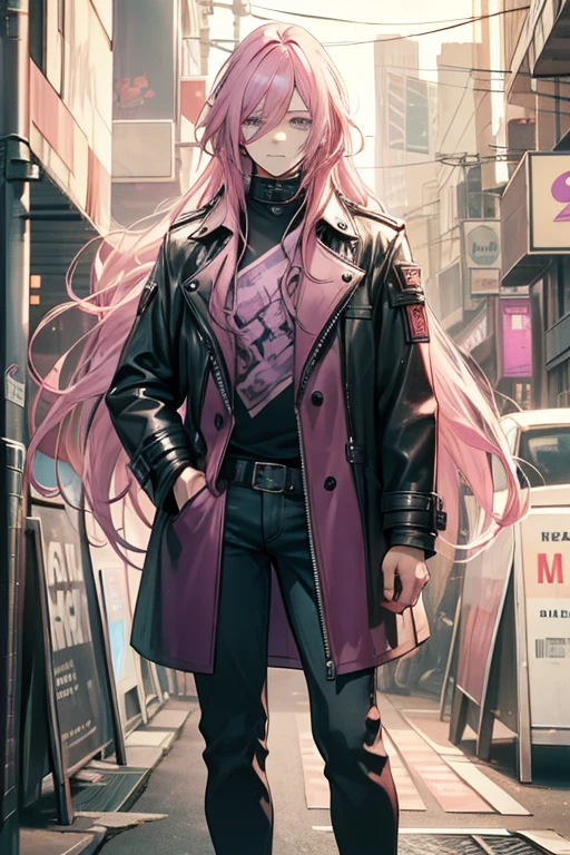 a handsome pink haired man with violet eyes with long hair is just wearing a leather coat and jeans