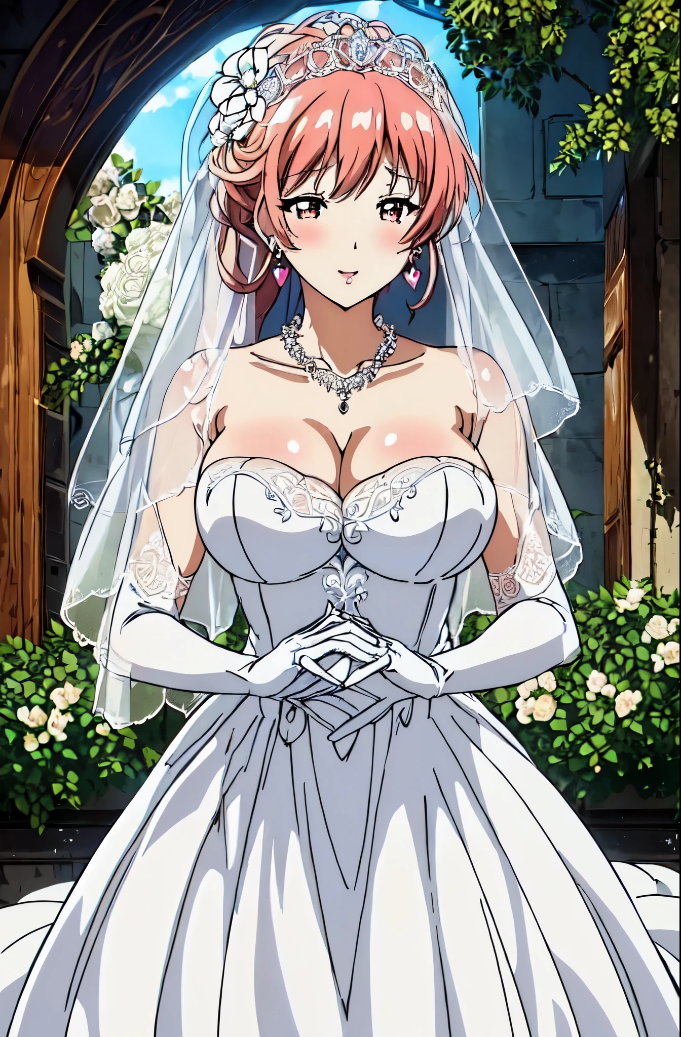  Close-up of beautiful bride wearing beautiful wedding dress,Gurwitz,(bridal veil:1.5），（Transparent short veil：1.5），Blushing face，Head flower，headgear，（tube top wedding dress：1.5），（Silk dress：1.2）,（Strapless wedding dress：1.5）,pure white dress，necklace，earrings，(large breasts:1.3)，Deep V peach heart collar wedding dress，Bangs，lipstick，（lace gloves：1.3）,whole body照,High detail RAW color art,Long white dress，whole body，Place your hands behind your back，