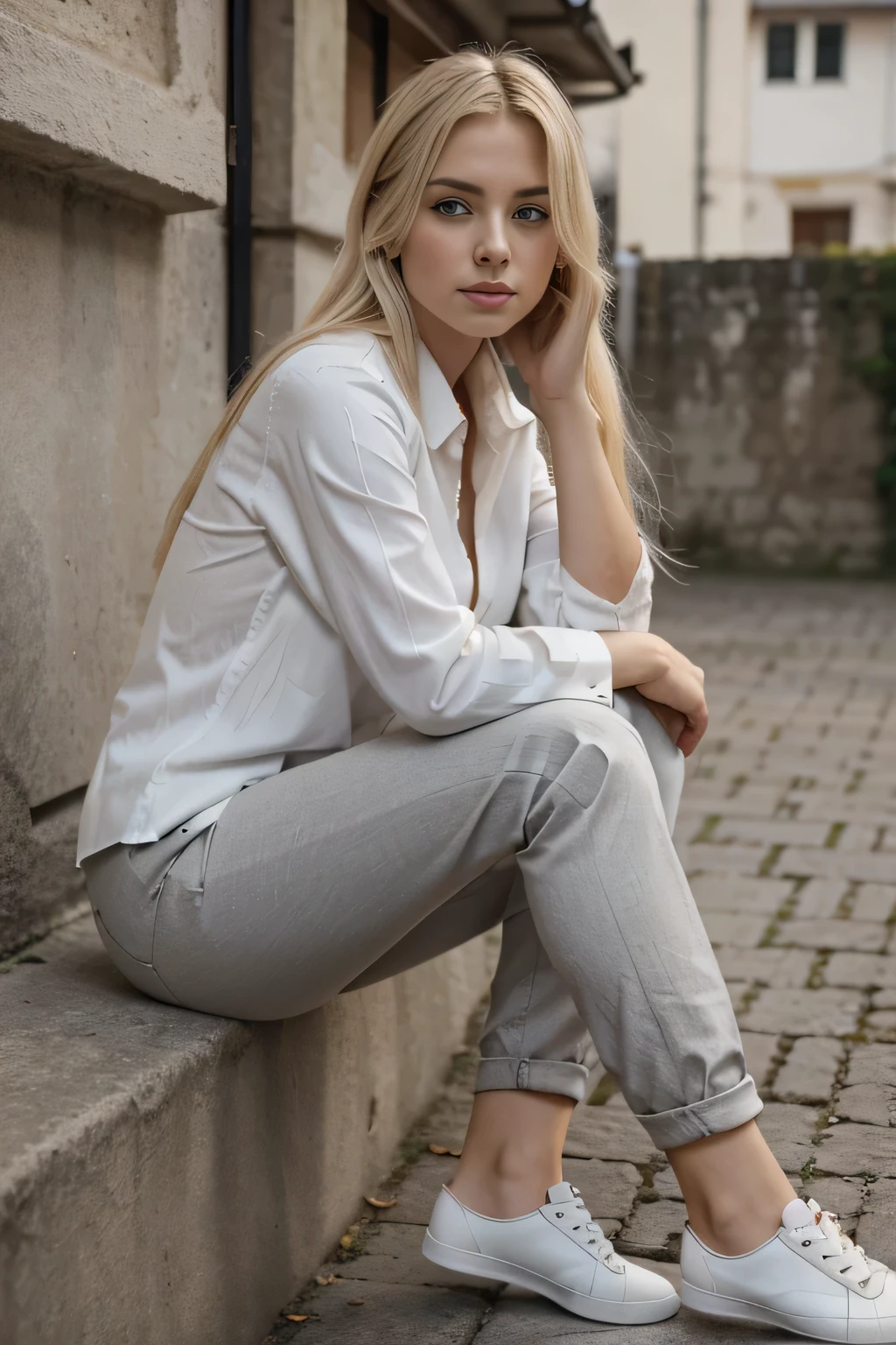 Eine raffinierte Frau mit langen, realistic blonde hair and a white shirt. Her attractive facial features complement the beauty of her clean blonde hair. She embodies the perfect blonde girl, a beautiful woman with an elegant charisma. It's not the girl with blonde hair'Es ist nicht nur jung, but also of natural beauty. The woman presents herself with ash-blond gray hair, that looks like flowing white hair. In atemberaubendem 4K detailgetreu dargestellt, The young woman radiates timeless elegance with her beautiful blonde hair. Cup size 75C, Pants size: 36, Shoe size EU: 36, Height 1,78 m.