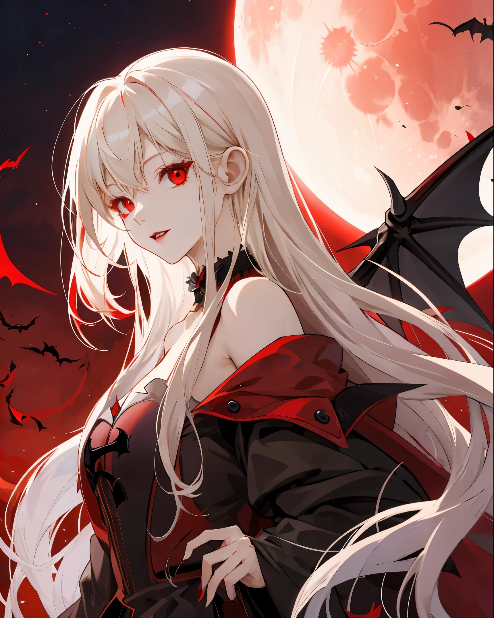 Bat girl with long red eyes with white hair、doress、Red Moon Blonde Girl One、red eyes、Vampire、doress、off shoulders、Red Moon、Midnight