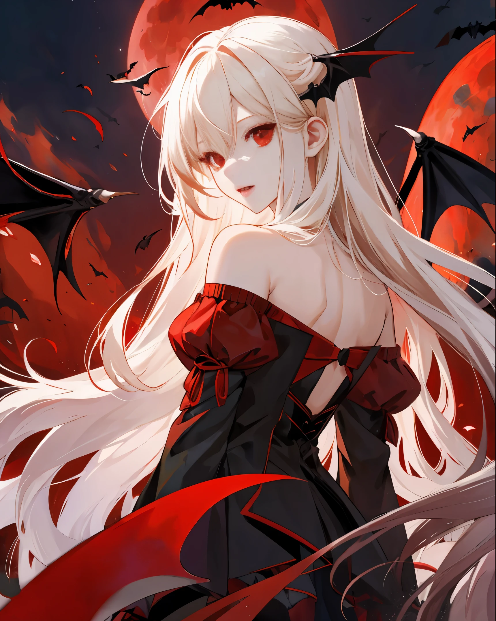 Bat girl with long red eyes with white hair、doress、Red Moon Blonde Girl One、red eyes、Vampire、doress、off shoulders、Red Moon、Midnight