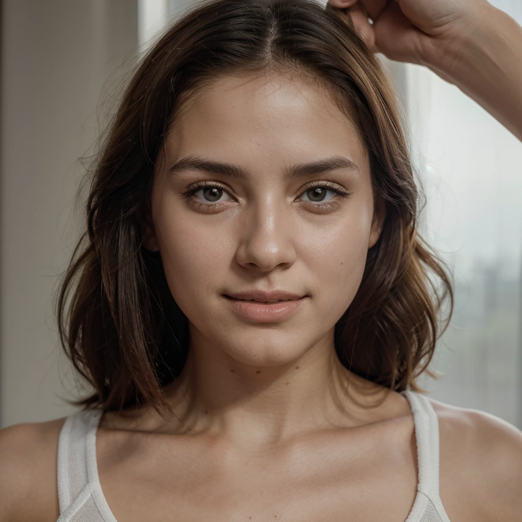 (Mejor calidad, Ultra detallado, golden ratio, Obra maestra: 1,2), theatrical lighting: 0,7, Foto de una mujer joven, vestida con ropa deportiva, (cuerpo completo), Rostro raro perfecto, (Piel muy detallada), cabello negro lazio, Ocultar tu boca con las manos, textura de la piel, pale skin, piel brillante, (hasta, Large size: 1,2), [:(sharp focus on a strange face, ojos perfectos: 1,2): 0,2], fotorrealista, film grain, pon uno pie adelante、desde abajo mirando hacia arriba、Look at the camera、Resalte los hombros, focus on the face、Calcetines、gafas、Smiles with the corners of his mouth raised...、disdainful expression, niebla de verano, colores apagados, warm, muted colors, cinematic, (inclination: 1,3)  luciendo cautelosa, de pie bajo un foco, clouds Volumetric dust detection, luz principal, luz de fondo , soft natural lighting, fotografía de film grain Lente ISO 400 Apertura RAW de 30 mm f1.8, Altamente detallado (analogue photography:1), colores HDR.