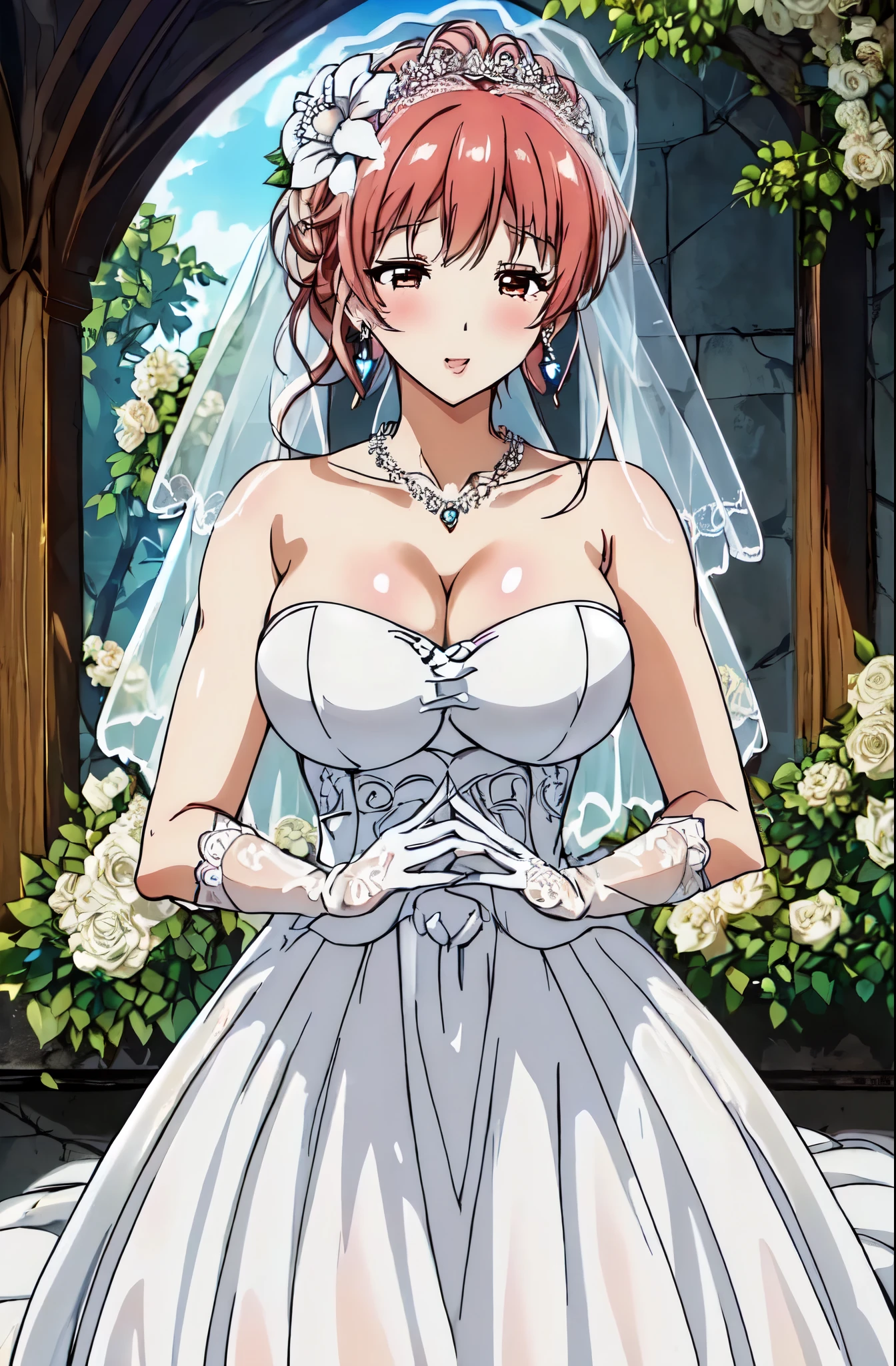 Close-up of beautiful bride wearing beautiful wedding dress,Gurwitz,(bridal veil:1.5),(Transparent short veil:1.5),Blushing face,Head flower,headgear,(tube top wedding dress:1.5),(Silk dress:1.2),(Strapless wedding dress:1.5),pure white dress,necklace,earrings,(large breasts:1.3),Deep V peach heart collar wedding dress,Bangs,lipstick,(lace gloves:1.3),whole body照,High detail RAW color art,Long white dress,whole body,Place your hands behind your back,