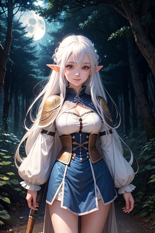 front shot, anime elf girl with white hair and blue eyes, standing in a forest, smiling, fireflies around her, the moon shines down at her, medieval anime art
