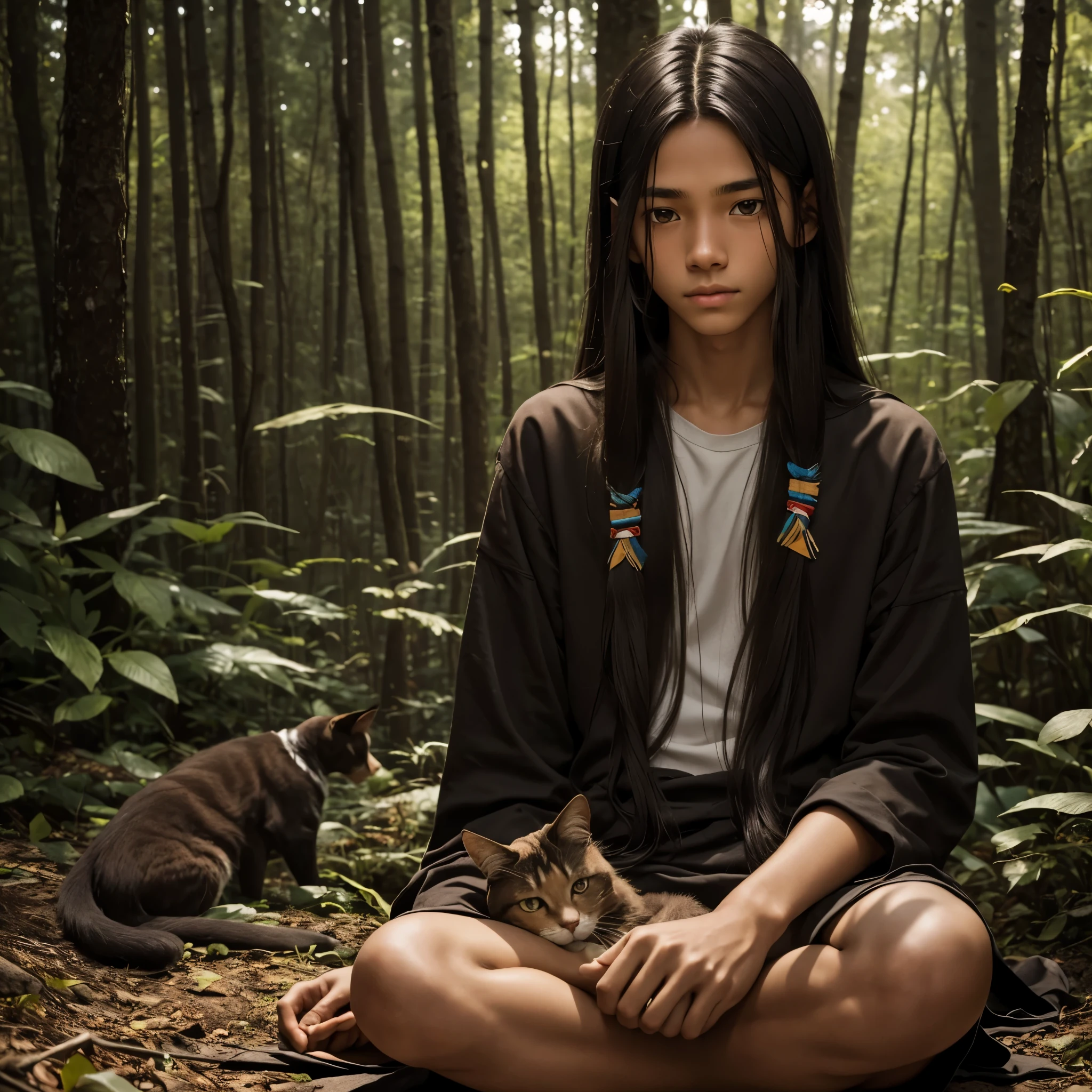 close-up view: very slim young boy, 15 y.o, thin face, native american, light brown skin color, black straight long hair, long hair, straight hair, barefoot, sits alone in the forest, holding a cat in his hands, warm tones, soft colors, realistic, cinematic, ultra quality