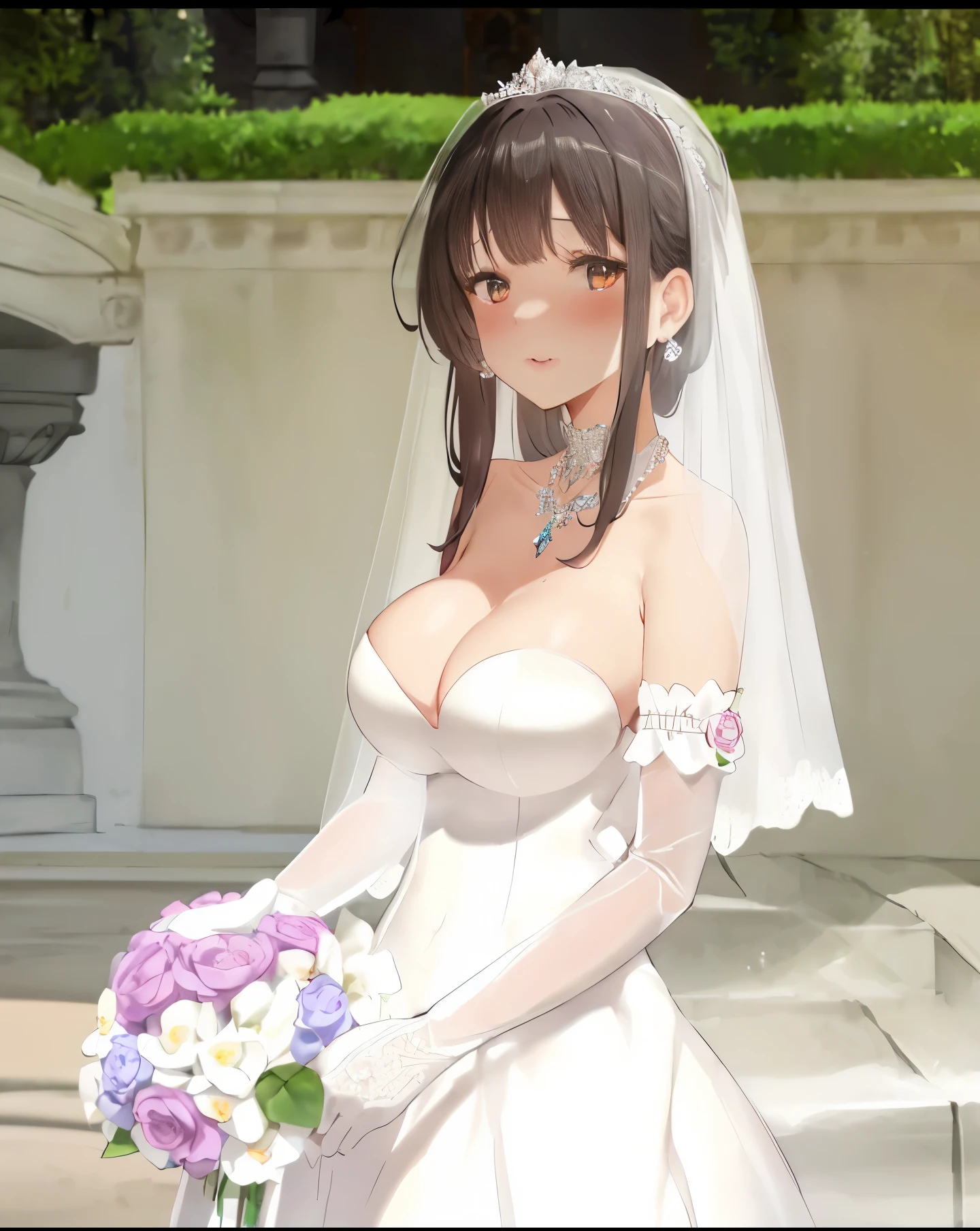 C1tyHunt3er Close-up of beautiful bride wearing bridal dress,Gurwitz,Blushing face,Head flower,headgear,(tube top wedding dress:1.5),(silk dress:1.2),(strapless wedding dress:1.5),pure white dress,necklace,earrings,(large breasts:1.3),Neck ornaments,Deep V peach heart collar wedding dress,Bangs,Bouquet,lipstick,(White long elbow gloves:1.3),(Bridal veil:1.2),(Transparent short veil:1.2),Bust photo,High detail RAW color art,Tyndall phenomenon,front,Half body 1 girl, alone,