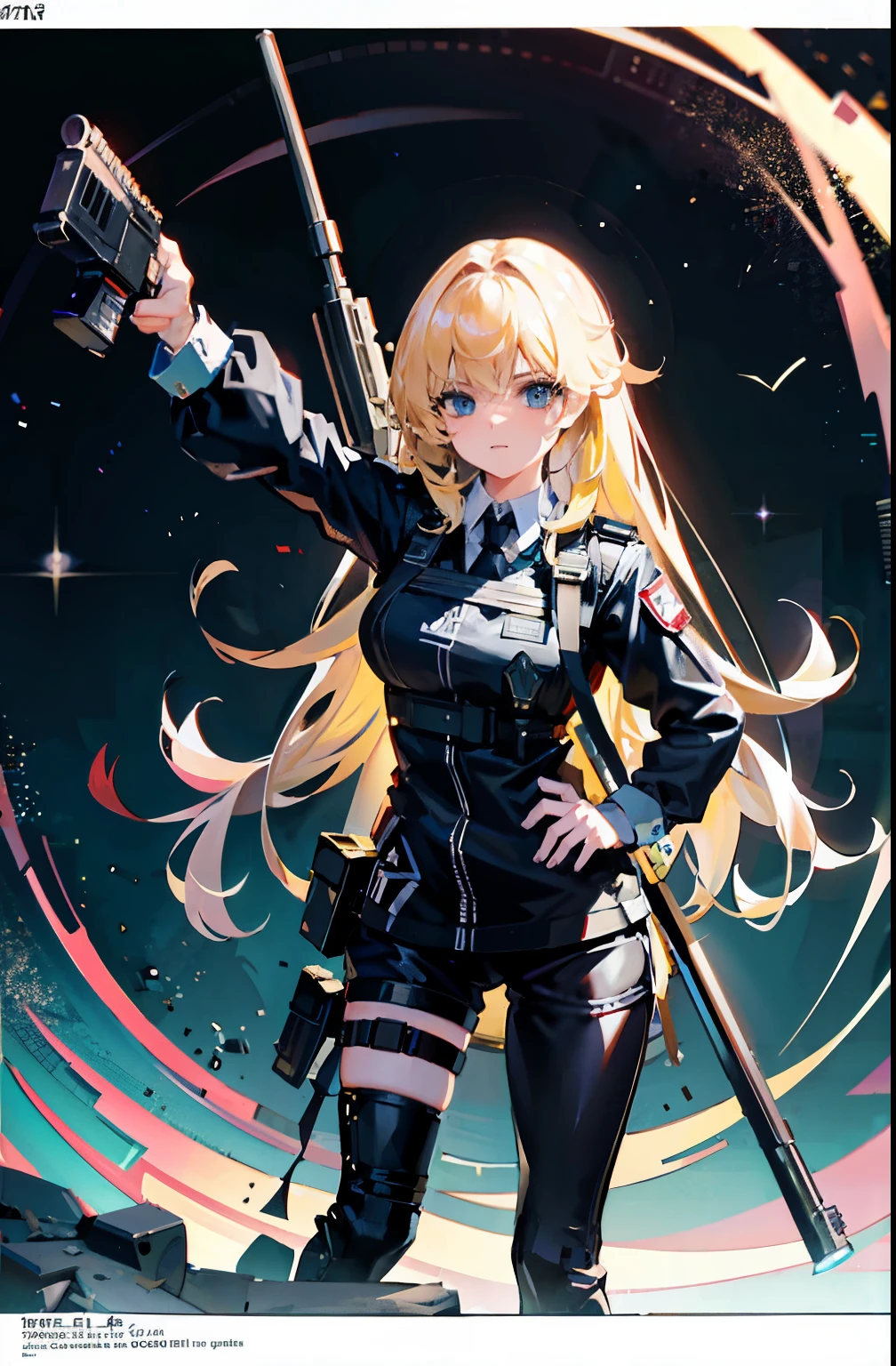 {{Masterpiece, top quality, highly detailed CG, unified 8k wallpaper, movie lighting, lens flare}}, girl shooting rifle, wide view, full body, thick body, long blond hair, green eyes, (holding a weapon, holding a rifle, aiming, aiming: 1.4), gun, h&k hk416, carbine, open fire, firing, (1 girl soldier aiming a huge rifle), 24 years old, teeth out, special forces, from above, knee shooting,