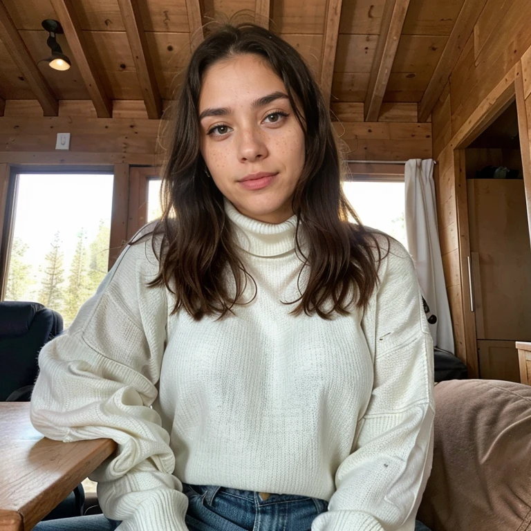 23-year-old hyper-realistic Latin girl with freckles, selfie de humor para instagram, Ultra Definition, (photoreallistic: 1.4), 8k, Calidad Premier, Fondos detallados, cara delicada, Maquillaje natural, foto RAW, iPhone, HDR, Coqueteando con el espectador, wearing a turtleneck sweater, sitting on a piece of wooden furniture in a cabin