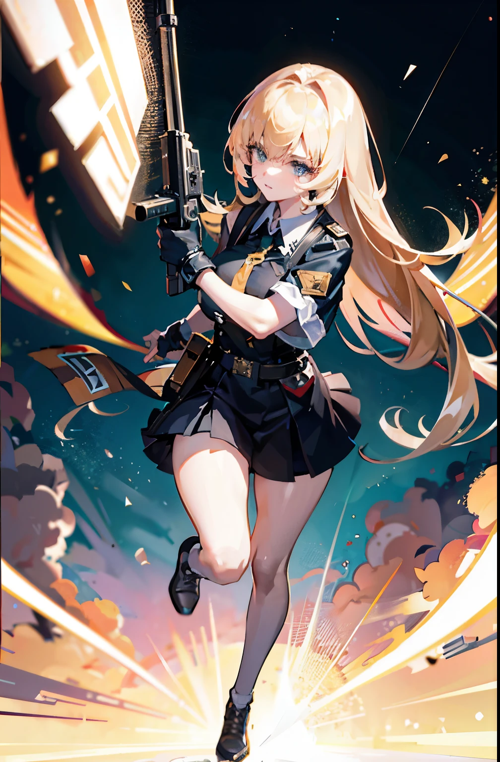 {{Masterpiece, top quality, highly detailed CG, unified 8k wallpaper, movie lighting, lens flare}}, girl shooting rifle, wide view, full body, thick body, long blond hair, green eyes, (holding a weapon, holding a rifle, aiming, aiming: 1.4), gun, h&k hk416, carbine, open fire, firing, (1 girl soldier aiming a huge rifle), 24 years old, teeth out, special forces, from above, knee shooting,