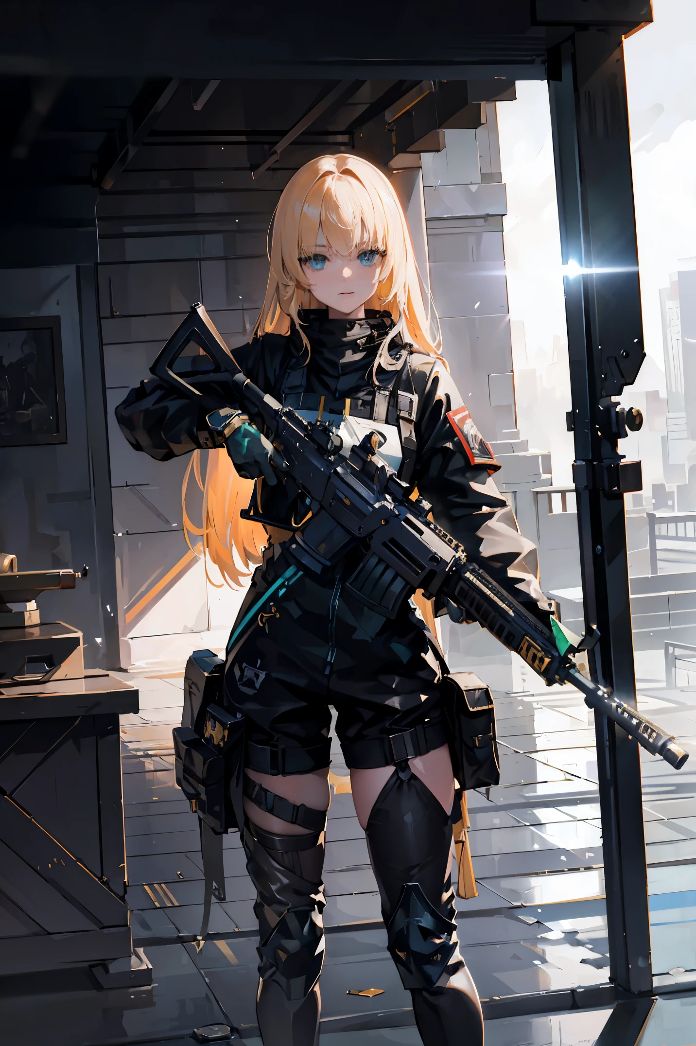 {{masterpiece, best quality, extremely detailed CG, unity 8k wallpaper, cinematic lighting, lens flare}}, (a girl shooting a rifle), wide view, full body, thick body, long blond hair, green eyes, (holding weapon, holding rifle,aiming,aim:1.4), gun, h&k hk416, carbine, open fire, firing, raw, hdr, film grain sharp, cinematic art.masterpiece,best quality,ultra-detailed,very detailed illustrations,extremely detailed,intricate details,highres,super complex details,extremely detailed 8k cgi,cowboy shot, caustics,reflection,ray tracing,demontheme,nebula,dark aura