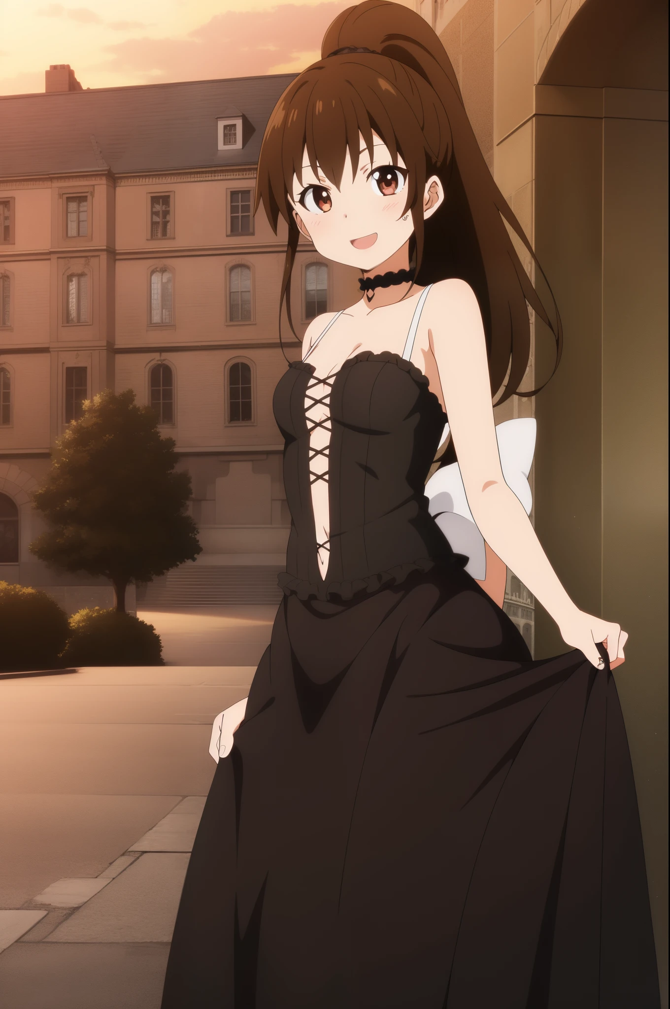 masterpiece, highest quality, ultra high resolution, highest quality, anime style, best writing, beautiful face, poplar, (1 girl:1.3), brown hair, ponytail, alone long hair, (gothic costume:1.3), castle background, best smile, open your mouth, low length, petite woman, face focus, skirt lift