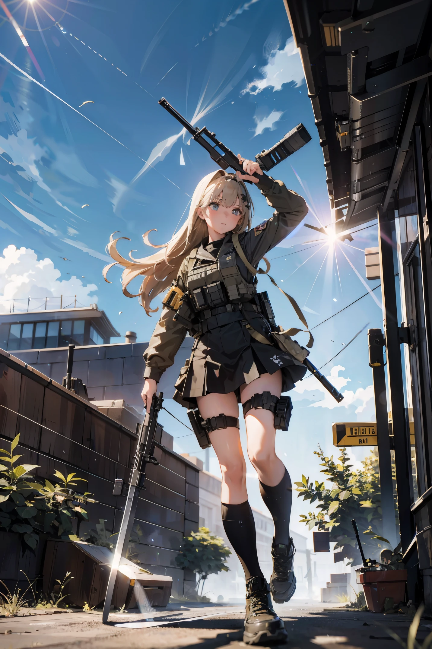(Highest quality, 8k, Ultra-high resolution:1.2), ((((From below, Cell Ring, foreshortening)))),Aya Brea,1 Female,30 years old,一人in,chest,Looking_in_Audience,blush,short_hair,blond hair,(thick thighs),前hair,green_eye,Holding,chestの谷間,Moderate_chest,Are standing,clavicle,full_body,arms ,Outdoor,Broke up_lips,Open_Clothes, (panties_shot),break,((Black socks Calf socks Mid-length socks)), Wear with socks and boots,((The socks are sticking out a little from the boots)), Mid-sized brown lace-up boots,belt,Holding_gun,black front zip short dress,Open_Jacket,gun,thigh_strap,green_denim_Jacket,Holding_gun,street,denim_Jacket