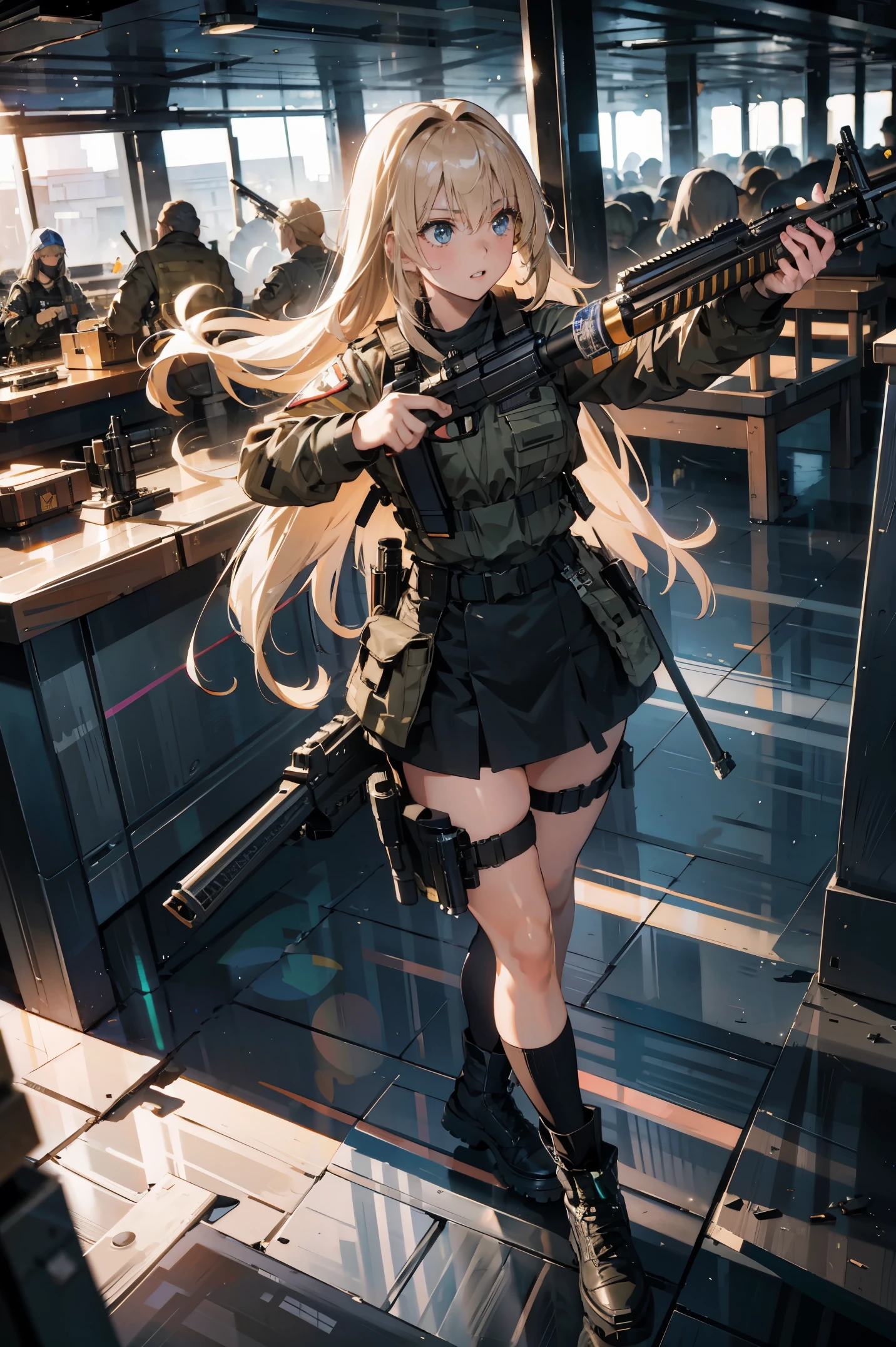 {{Masterpiece, top quality, highly detailed CG, unified 8k wallpaper, movie lighting, lens flare}}, girl shooting rifle, wide view, full body, thick body, long blond hair, green eyes, (holding a weapon, holding a rifle, aiming, aiming: 1.4), gun, h&k hk416, carbine, open fire, firing, (1 girl soldier aiming a huge rifle), 24 years old, teeth out, special forces, from above, knee shooting,