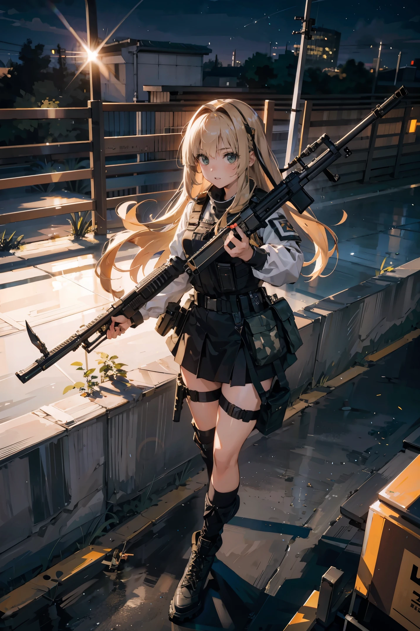 {{Masterpiece, top quality, highly detailed CG, unified 8k wallpaper, movie lighting, lens flare}}, girl shooting rifle, wide view, full body, thick body, long blond hair, green eyes, (holding a weapon, holding a rifle, aiming, aiming: 1.4), gun, h&k hk416, carbine, open fire, firing, (1 girl soldier aiming a huge rifle), 24 years old, teeth out, special forces, from above, knee shooting,