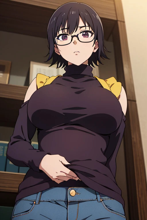 Shizuku Murasaki, 1girl, black hair, short hair, eyewear, large , ((tight black long sleeve , turtleneck)),  hold, upper body, looking at view, from below, (masterpiece, high resolution, best quality, anime screencap, anime colored, 8k, photorealistic), denim