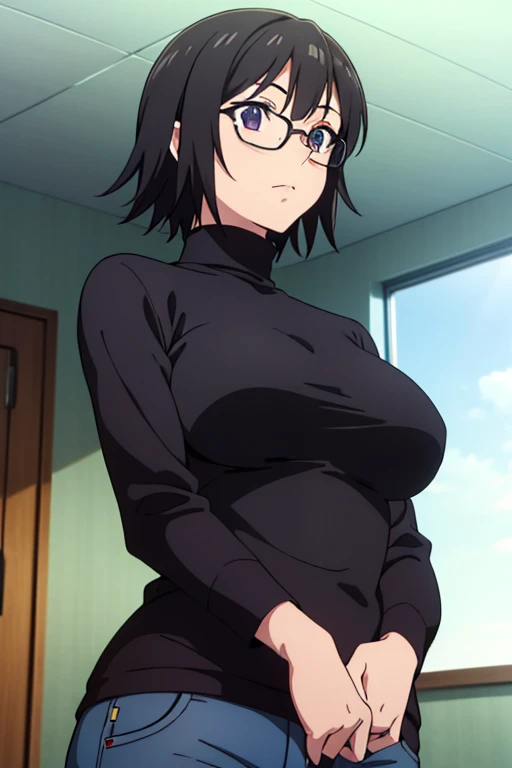 Shizuku Murasaki, 1girl, black hair, short hair, eyewear, large breast, ((tight black long sleeve , turtleneck)), breast hold, upper body, looking at view, from below, (masterpiece, high resolution, best quality, anime screencap, anime colored, 8k, photorealistic), denim