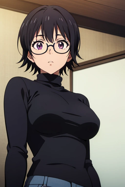 Shizuku Murasaki, 1girl, black hair, short hair, eyewear, large breast, ((tight black long sleeve , turtleneck)), breast hold, upper body, looking at view, from below, (masterpiece, high resolution, best quality, anime screencap, anime colored, 8k, photorealistic), denim