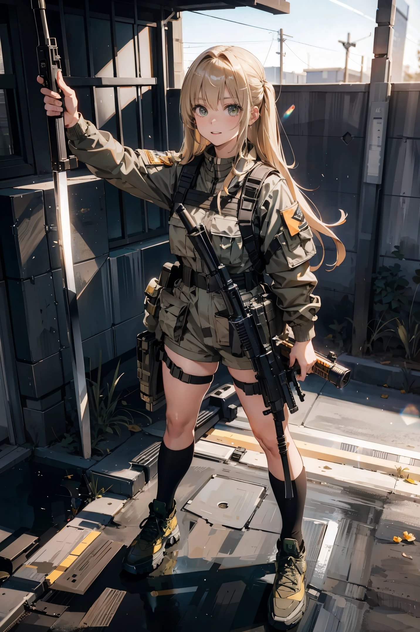 {{Masterpiece, top quality, highly detailed CG, unified 8k wallpaper, movie lighting, lens flare}}, girl shooting rifle, wide view, full body, thick body, long blond hair, green eyes, (holding a weapon, holding a rifle, aiming, aiming: 1.4), gun, h&k hk416, carbine, open fire, firing, (1 girl soldier aiming a huge rifle), 24 years old, teeth out, special forces, from above, knee shooting,