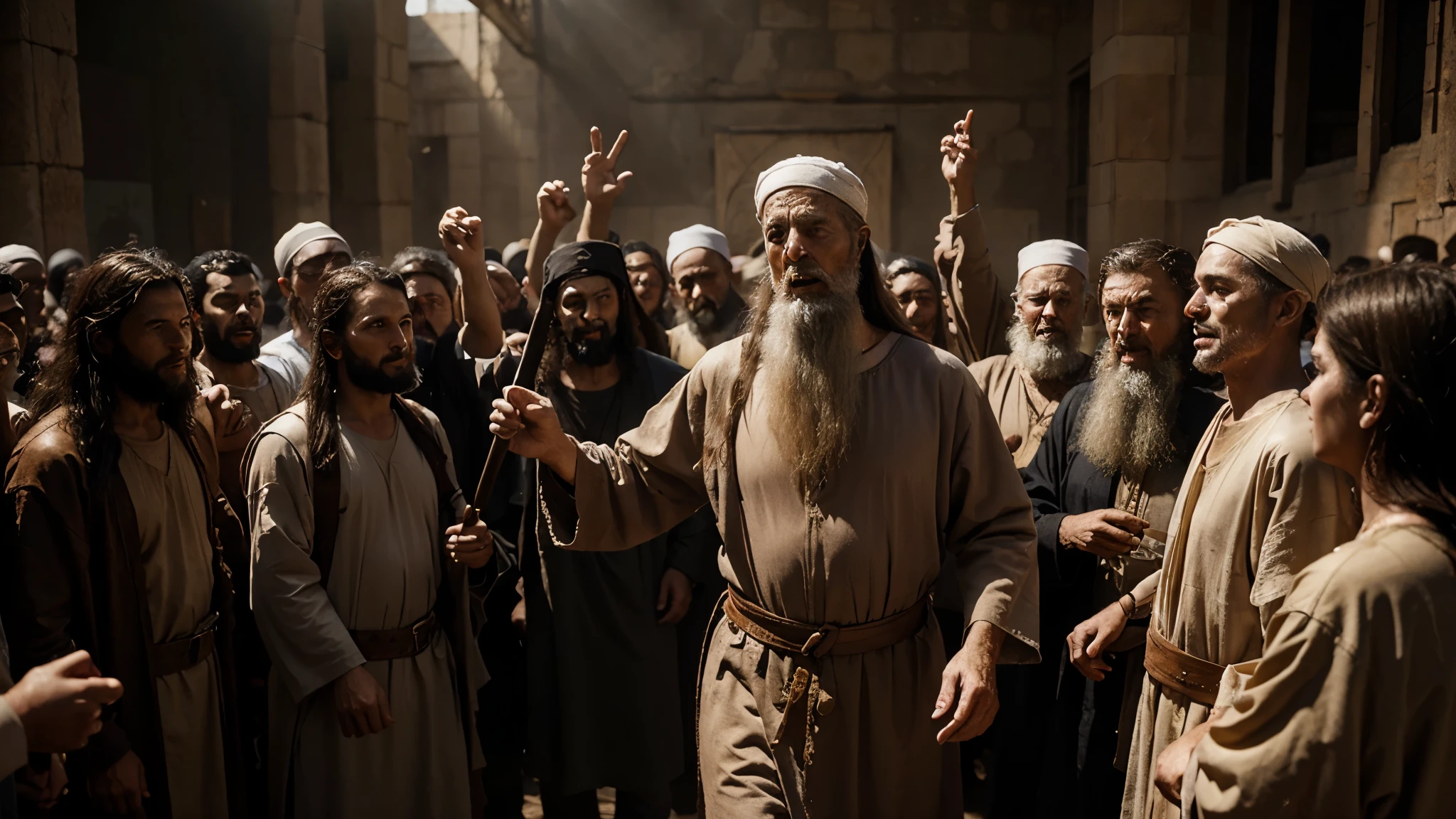 An old prophet man leading his disciples in the year 36 AD.C
